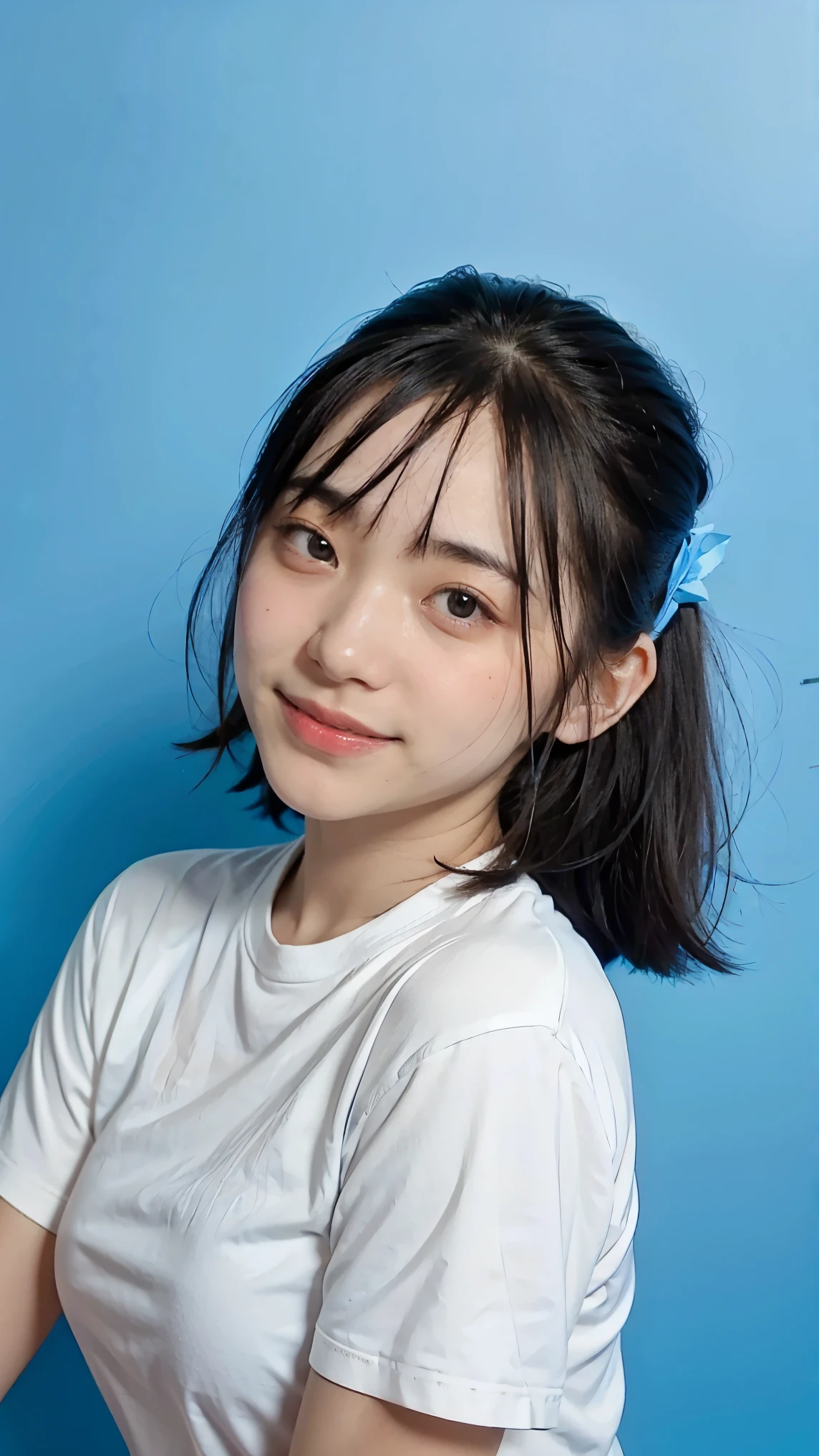 1girl. blue Background, pose for Id card