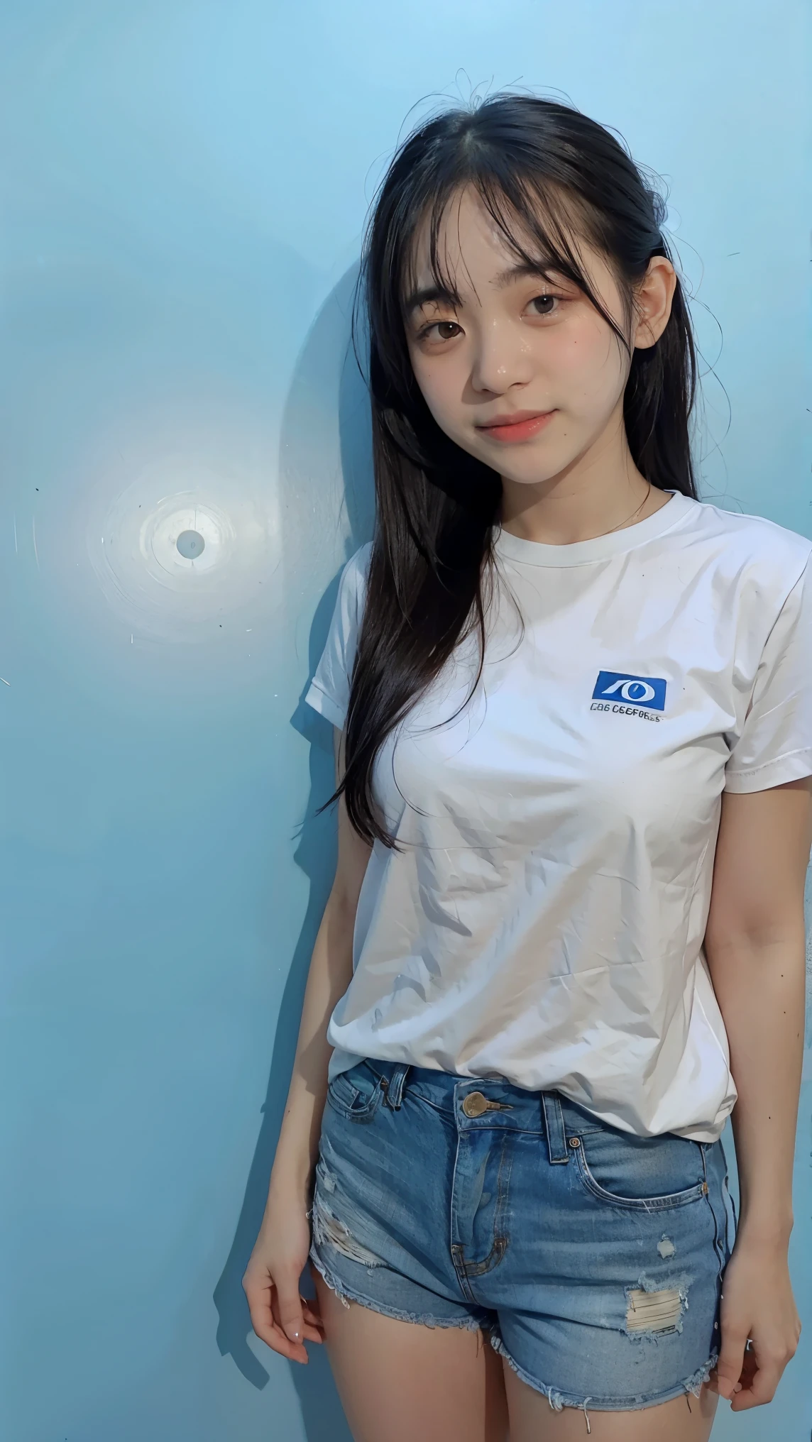 1girl. blue Background, pose for Id card