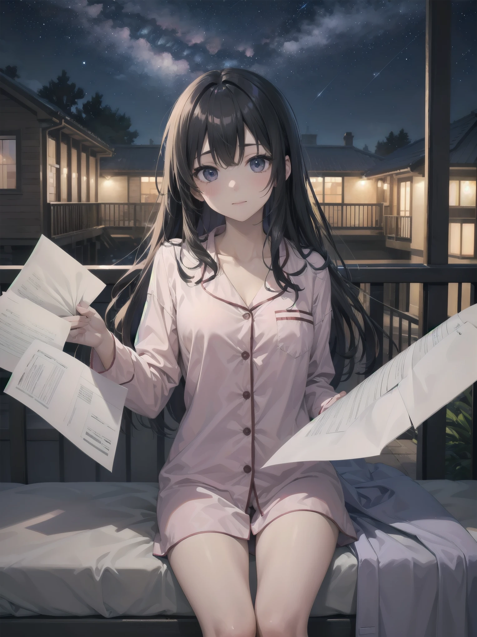 (night sky and girl、pajamas、blanket、Looking up at the stars on the balcony)
On the veranda at night、pajamasを着た少女がblanketを肩にかけ、Looking up at the starry sky。Countless stars shine in her eyes、The silence of the night envelopes her。
