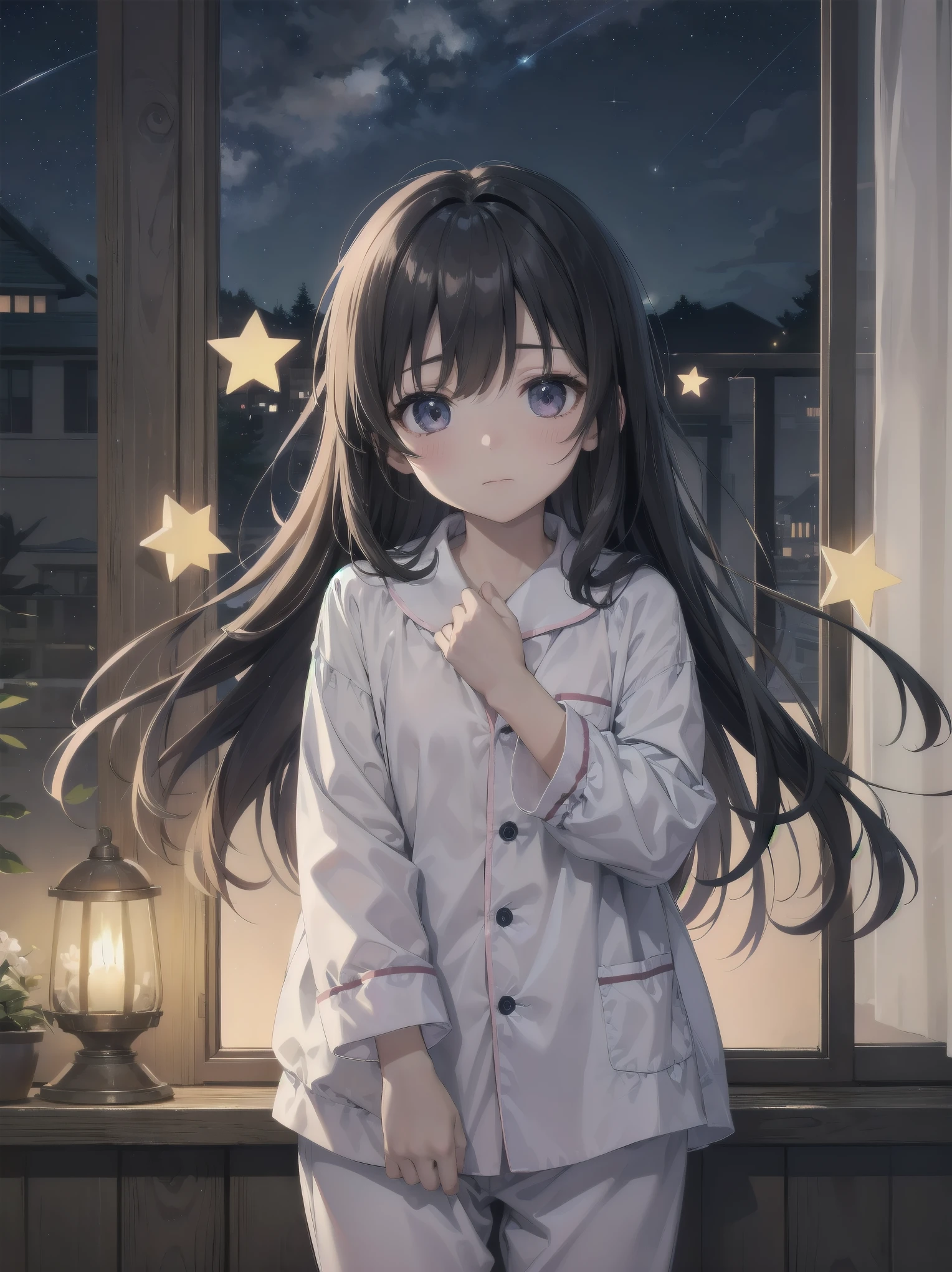 (night sky and girl、pajamas、blanket、Looking up at the stars on the balcony)
On the veranda at night、pajamasを着た少女がblanketを肩にかけ、Looking up at the starry sky。Countless stars shine in her eyes、The silence of the night envelopes her。