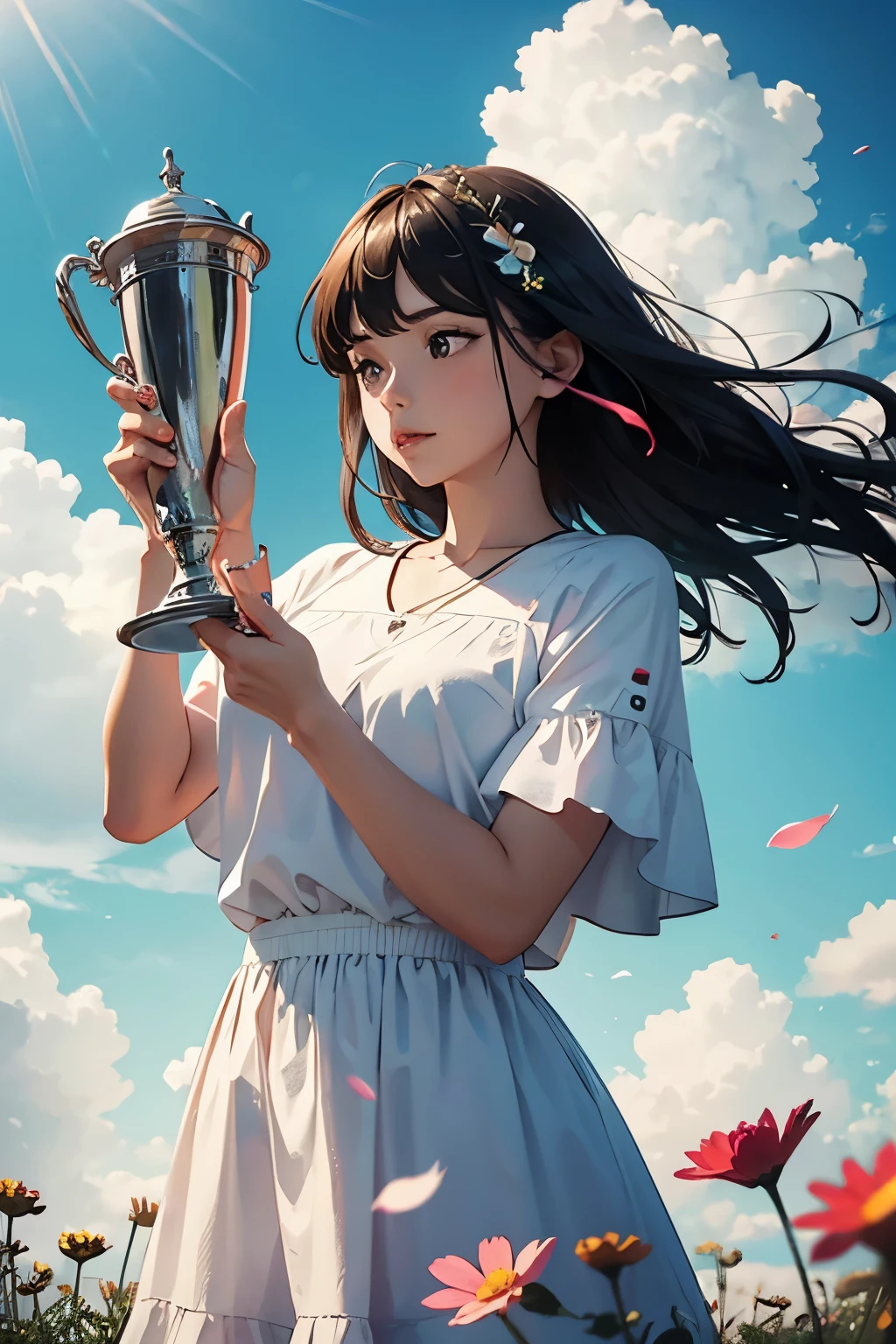 A trophy or a celebratory moment of a minimalist girl in white background sprinkles of colors, flowers, cloud, sky 