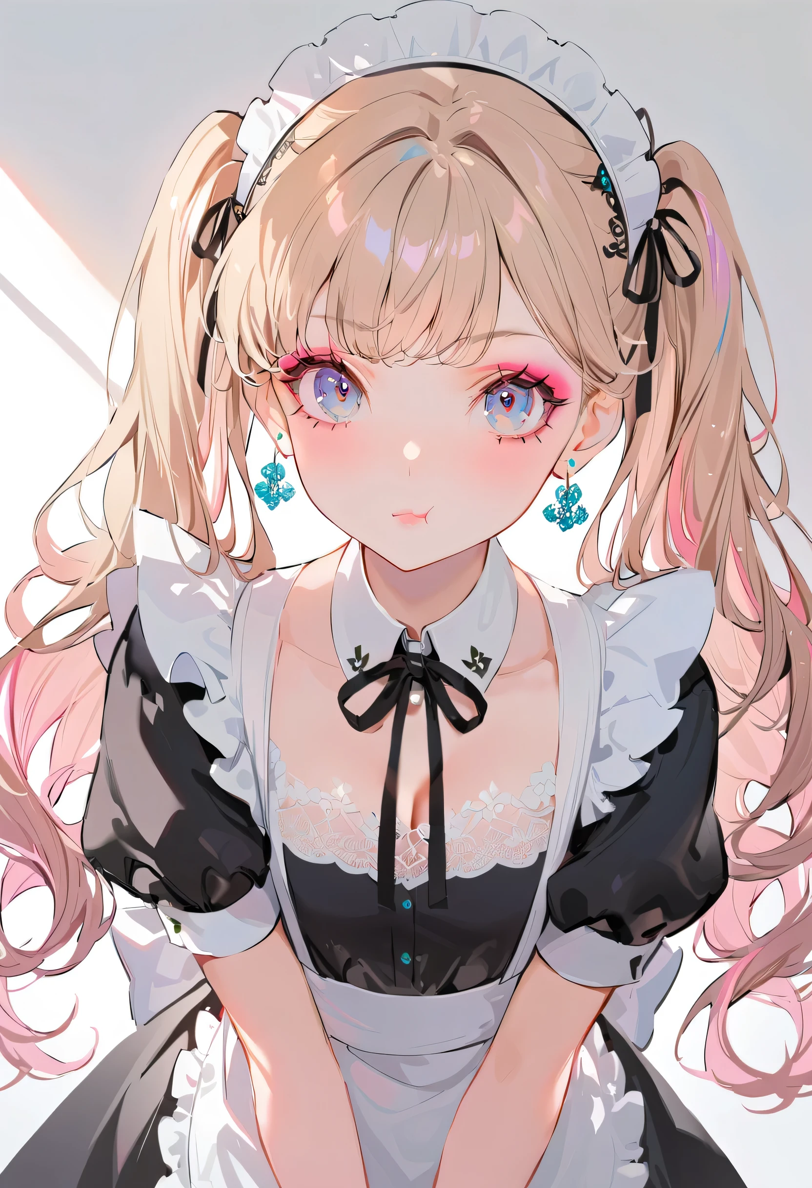 (maid:1.5),(best quality,ultra-detailed,highres:1.2),beautiful girl with flawless face,very_long eyelashes, detailed lips, radiant smile, soft skin, glossy hair,vibrant background, natural lighting,The cutest girl in the world,Exquisite makeup,Pout