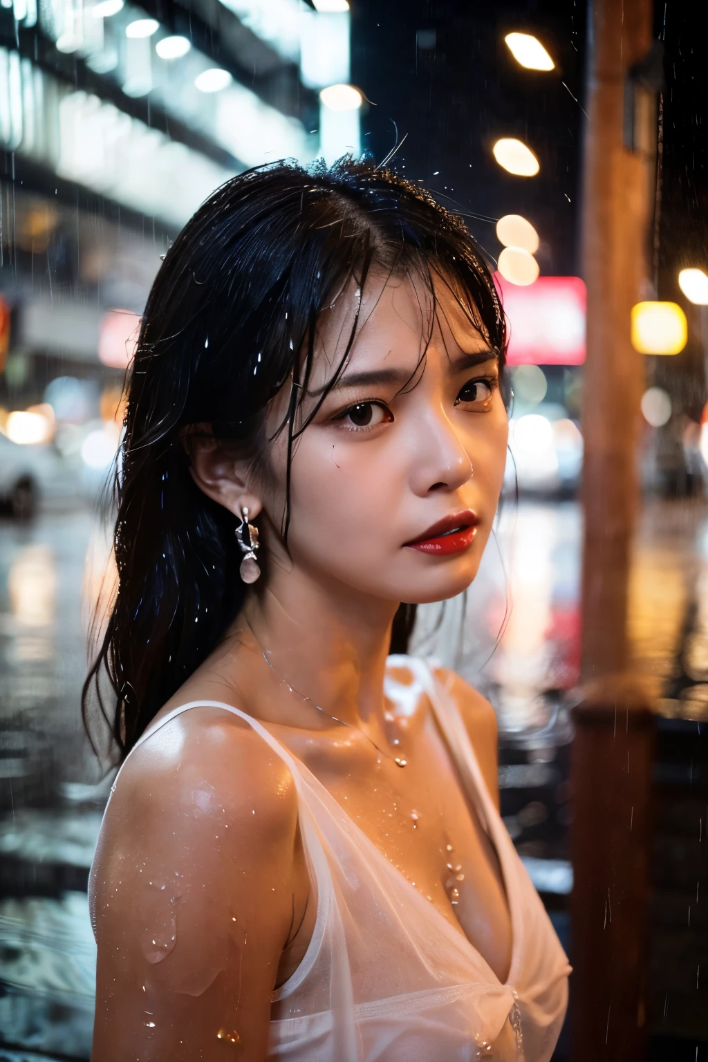(RAW shooting, Photoreal:1.5, 8K, highest quality, masterpiece, ultra high resolution), perfect dynamic composition:1.2, Night street corner of a modern city, expression of sadness:0.3, (((Typhoon heavy rain))), Highly detailed skin and facial textures:1.2, Slim office lady wet in the rain:1.3, Japanese girl, 22 years old, Fair skin, white skin, sexy beauty:1.1, perfect style:1.2, beautiful and aesthetic:1.1, very beautiful face, water droplets on the skin, High Ponytail, (rain drips all over my body:1.2, wet body:1.2, wet hair:1.3), (wet Red silk dress:1.3), collarbone, belt, (Big , Bra see-through, Chest gap), (cry, lovelorn, The expression on your face when you feel intense caress, Facial expression when feeling pleasure), (beautiful black eyes, Eyes that feel beautiful eros:0.8), (Too erotic:0.9, Bewitching:0.9), cowboy shot, necklace, earrings, bracelet, clock