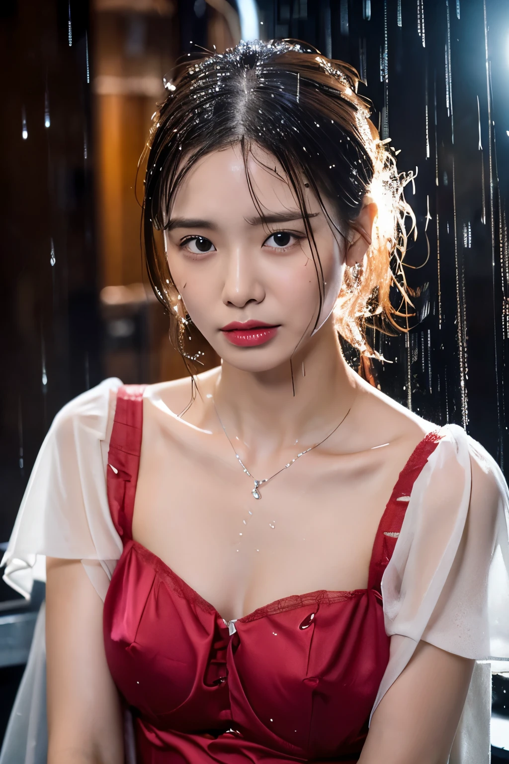 (RAW shooting, Photoreal:1.5, 8K, highest quality, masterpiece, ultra high resolution), perfect dynamic composition:1.2, Night street corner of a modern city, expression of sadness:0.3, (((Typhoon heavy rain))), Highly detailed skin and facial textures:1.2, Slim office lady wet in the rain:1.3, Japanese girl, 22 years old, Fair skin, white skin, sexy beauty:1.1, perfect style:1.2, beautiful and aesthetic:1.1, very beautiful face, water droplets on the skin, High Ponytail, (rain drips all over my body:1.2, wet body:1.2, wet hair:1.3), (wet Red silk dress:1.3), collarbone, belt, (Big , Bra see-through, Chest gap), (cry, lovelorn, The expression on your face when you feel intense caress, Facial expression when feeling pleasure), (beautiful black eyes, Eyes that feel beautiful eros:0.8), (Too erotic:0.9, Bewitching:0.9), cowboy shot, necklace, earrings, bracelet, clock