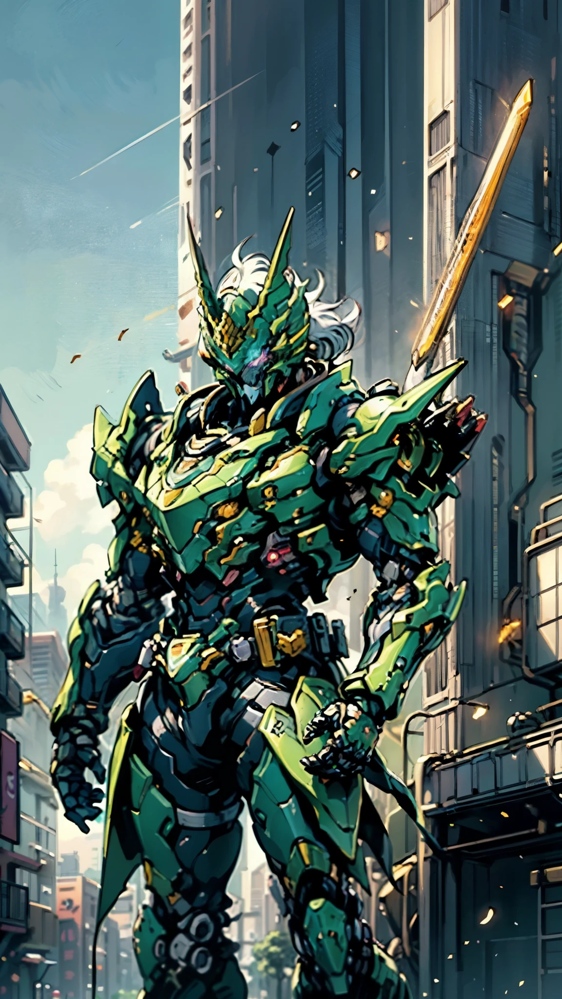 A man wearing a full-face helmet, a fantasy-style biotech armored combat suit, green eyes, (a composite layered chest armor), fully enclosed shoulder guards, matching arm and leg guards, the belt is adorned with Horseshoe-shaped marker, (the color scheme is primarily white with green accents), the design balances heavy with agility, a high-tech bio-mecha armor, (Armor Concept Inspired by Unicorn, stand on the top of a skyscraper in a futuristic sci-fi city), this character embodies a finely crafted fantasy-surreal style armored hero in anime style, exquisite and mature manga art style, (battle damage, element, plasma, energy, the armor glows), ((male:1.5)), metallic, real texture material, dramatic, high definition, best quality, highres, ultra-detailed, ultra-fine painting, extremely delicate, professional, perfect body proportions, golden ratio, anatomically correct, symmetrical face, extremely detailed eyes and face, high quality eyes, creativity, RAW photo, UHD, 32k, Natural light, cinematic lighting, masterpiece-anatomy-perfect, masterpiece:1.5