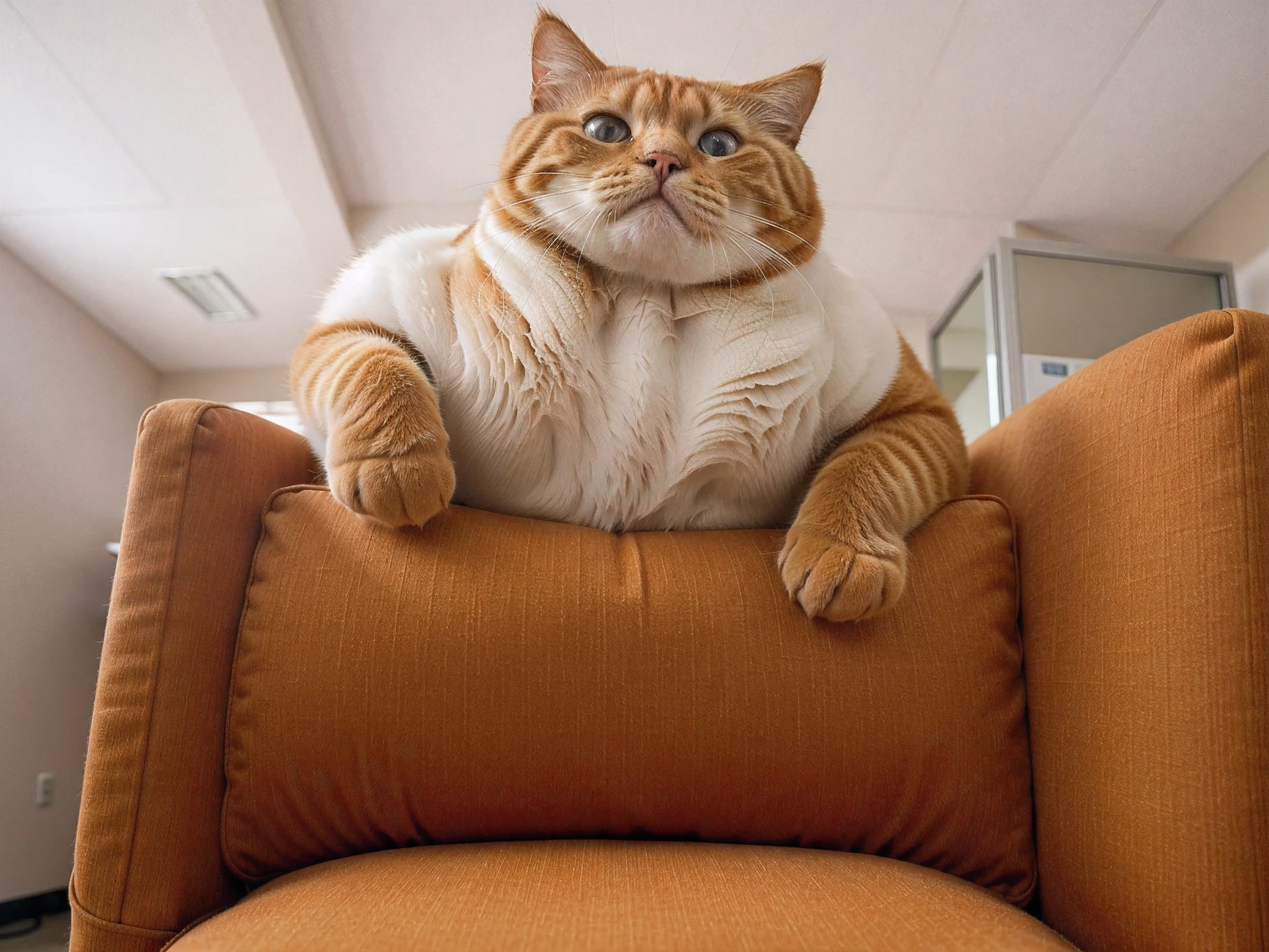 imagine orange fat cat, one fat cat, cute eyes:1.2, fat cat is sitting on a chair, (one chair:1.2), fat cat is a boss, fat cat in office, fat cat is giving thumbs, (office:1.2), (zoom in:1.2), (cinematic style:1.2)