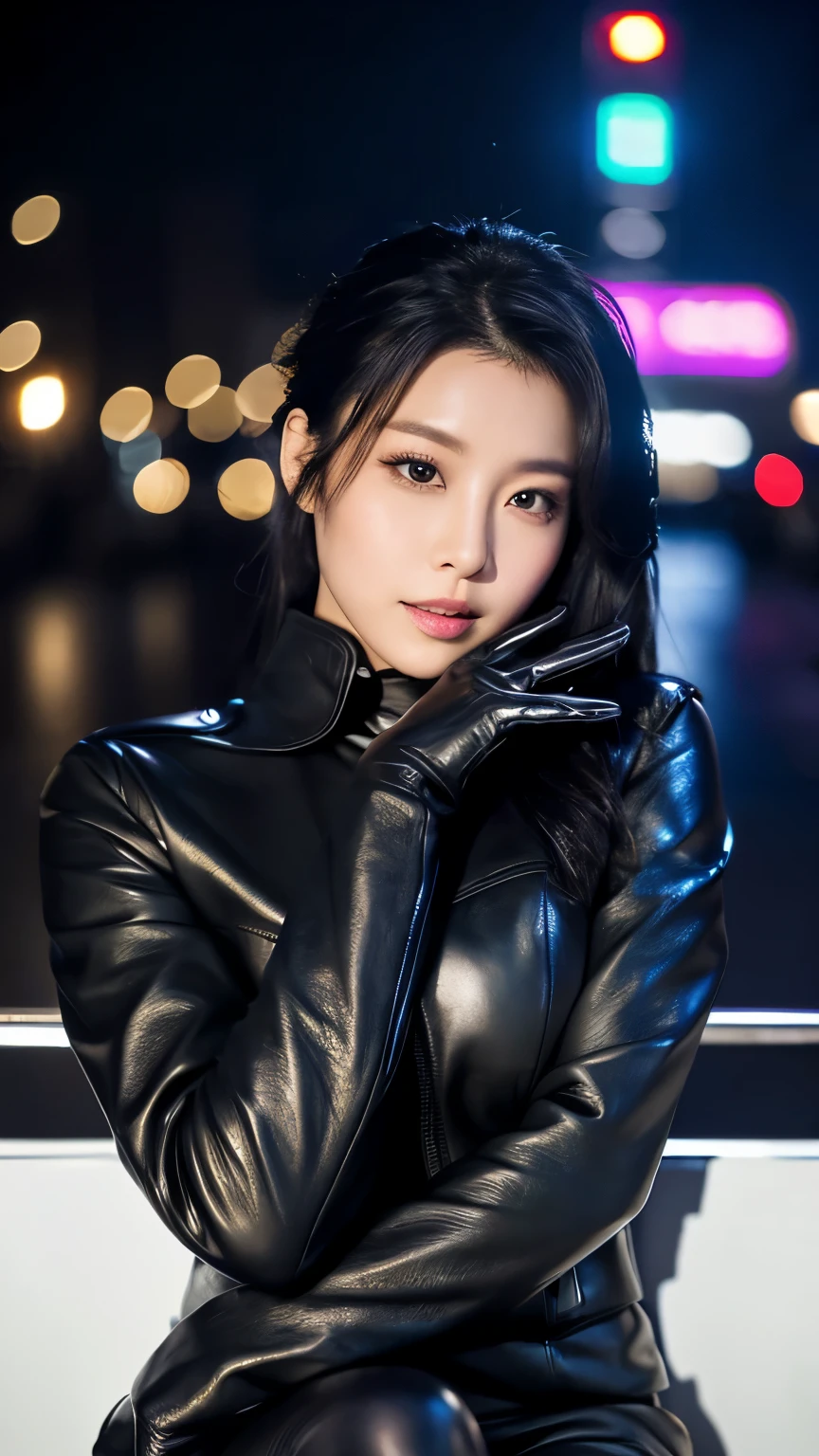 black leather rider jacket, Office in the Dark, Black leather gloved fingertips on both hands,Wearing black leather gloves,Sitting in a black leather chair、 Japanese female new recruits (Black leather gloves cover both hands) (The angle is horizontal)、Black Leather Pants,Black Leather Black Leather Pants,Black Leather Skinny Pants、Long black leather boots on both feet、Black hair ponytail ((He wears black leather gloves on his hands))Full Body Photo,full body shot full body full body leather suit,☺If you turn in this direction。Wearing black leather gloves,Wearing black leather gloves,Wearing black leather gloves,Wearing black leather gloves,Wearing black leather gloves,Wearing black leather gloves,黒のレザーパンツが美しい😍黒のレザーパンツが美しい😍黒のレザーパンツが美しい,😍Smiling while looking at me,City lights、((Neon Cyberpunk City Street:1.3))、(Neon Light)、Detailed lighting、
Best image quality、Ultra-high resolution、(realism:1.4)、Korean Beauty Star、The most beautiful KPOP stars、face、Horny Korean Makeup、A body that makes you want to touch it、Realistic leather texture、Costume made of smooth leather fabric、The drape of the curved parts of the leather fabric、The costume is very shiny、Quality of the costume、8K Photo Quality