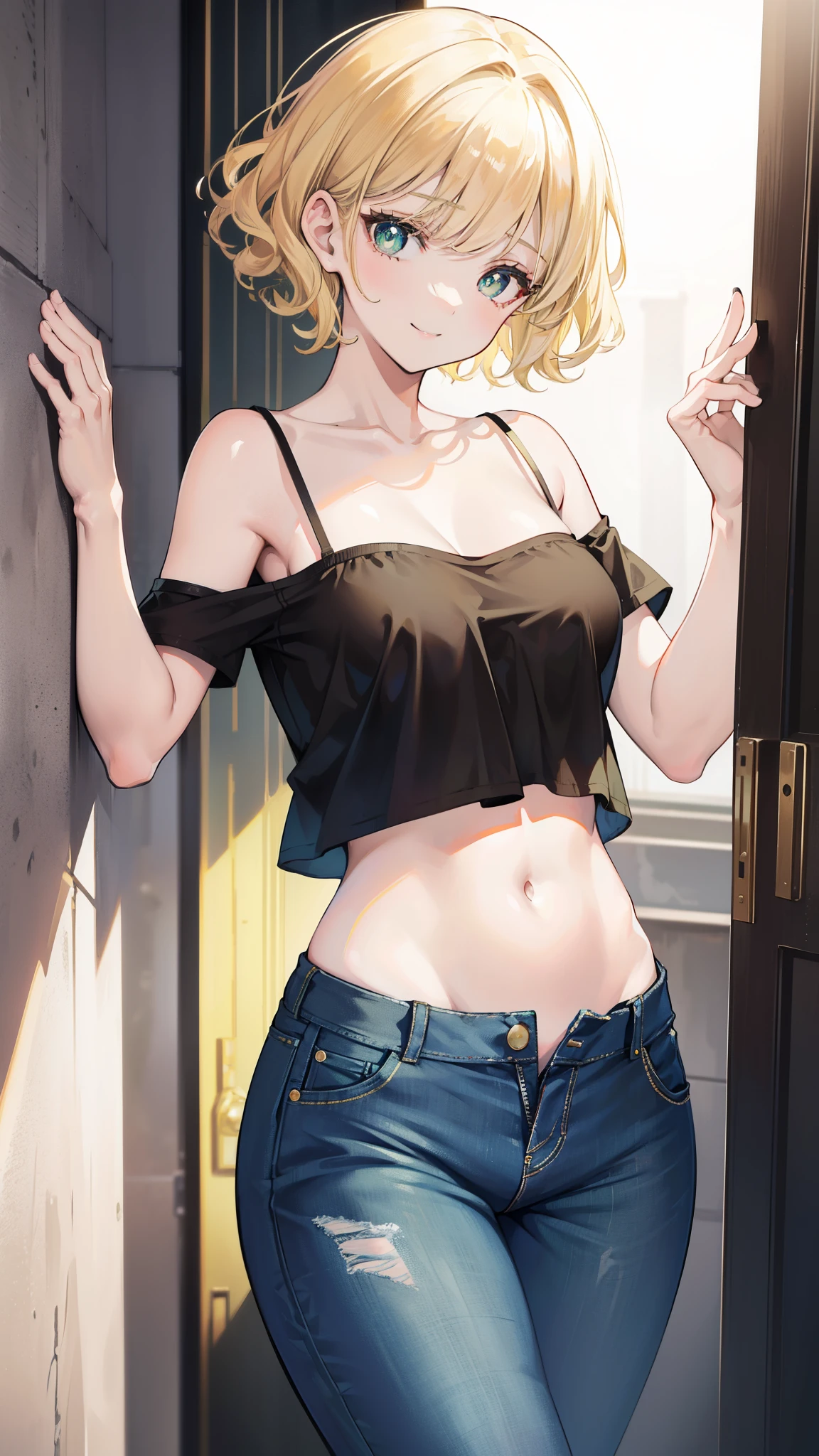 beautiful girl，Blonde short hair，curls，Green pupils，(Black off-the-shoulder short sleeves)，belly button，(camisole)，Super short jeans，(Pants open and unbuttoned)，Bare legs，In the entrance，Warm Lights，Gentle smile，A warm filter，Leaning against the wall