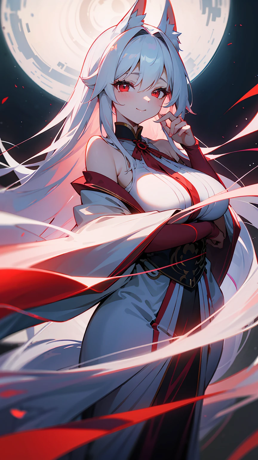 Beautiful woman, long white hair, red eyes, blue shirt, big breasts, neutral face expression, standing pose, high quality, looking foward