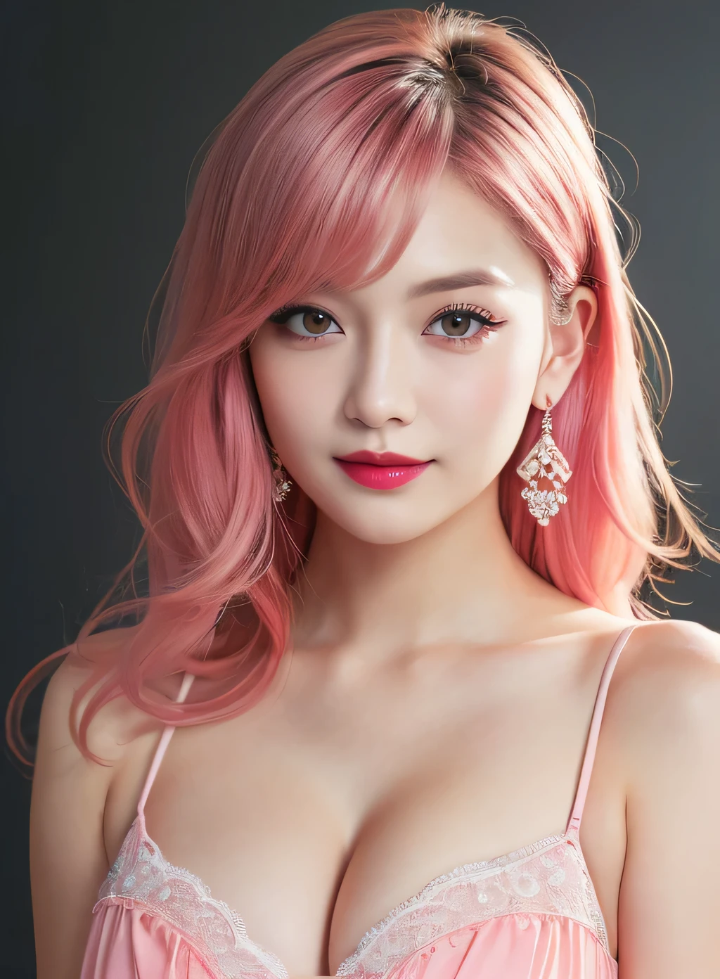 (RAW Photos, 最high quality), (Realistic, photo-Realistic:1.3), 最high quality ,masterpiece, Pitch black is the background、(((face to camera、Facing the front of the chest))、Portrait style、(Symmetrical body),Cleavage、 ((Big Ass, Big Breasts)), (beautiful girl), Vivid pink lipstick, Colorful Makeup, Long eyelashes, Earrings, Applying eyeliner, Fair skin, Pink Hair、(cute), (Detailed face), Big Eyes、 Detailed Iris, 8K Ultra HD, Digital SLR, Soft lighting, high quality, Beautifully detailed nose,, Realistic face, Pink Cat, A light smile, (Very detailed face: 1.5), 最high quality, Super detailed, masterpiece, In detail, 8k wallpaper, Pixie Cut、(sfw:1.8),Real、8K、(masterpiece), (Very complicated:1.3), (Realistic), 1 female、Women's photos、23 years old、round face、Blue Eyes、Close-up of face、Big Eyes、Drooping eyes、 short hair、The most beautiful in the world,, White skin、delicate、 Upper Body, night、 Strong lighting, Detailed professional photos of beautiful women, Sharp focus, Cinema Lighting, rendering , ( Blurred Background, Depth of written boundary),((Realistic)), ((Sharp focus)), (Highest Resolution), ((masterpiece)), Professional Cinema Lighting、 (Perfect hands), (Perfect Fingers)