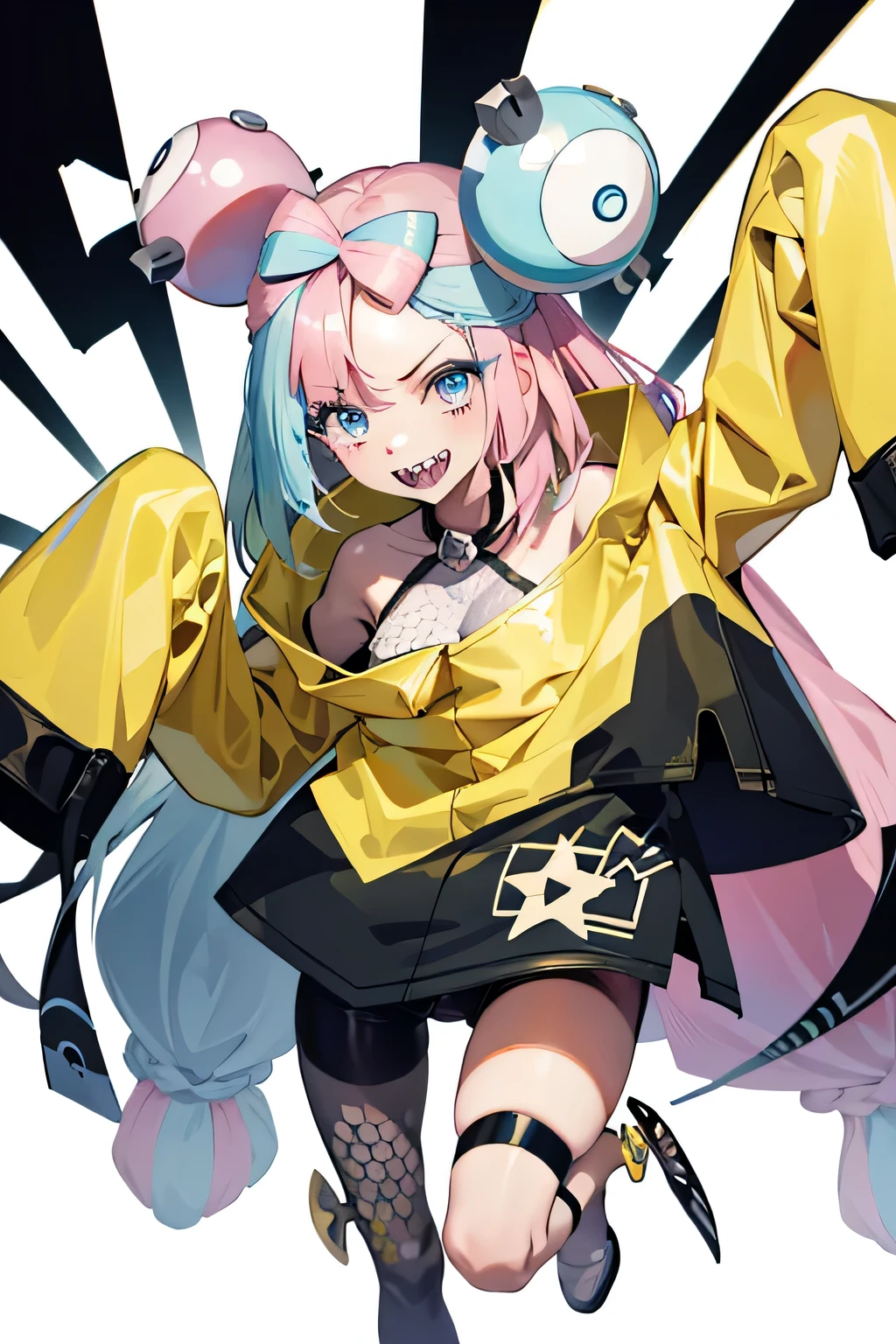 Highest quality、masterpiece、Anime Style、Pink hair and blue eyes、Yellow Jacket、Raise your right hand、Lower your left hand、Stand with only your right foot、Lift your left leg。Sharp teeth、smile、White background、