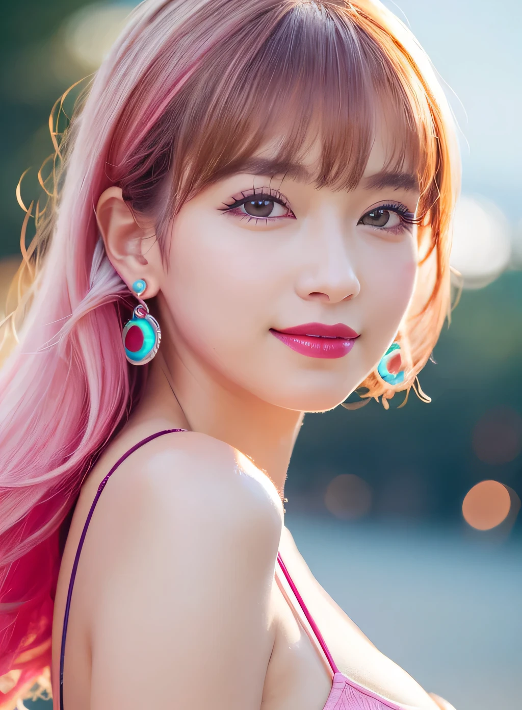 (RAW Photos, 最high quality), (Realistic, photo-Realistic:1.3), 最high quality ,masterpiece, Pitch black is the background、(((Face the camera and face forward))、Portrait style、(Symmetrical body),Cleavage、 ((Big Ass, Big Breasts)), (beautiful girl), Vivid pink lipstick, Colorful Makeup, Long eyelashes, Earrings, Applying eyeliner, Fair skin, Pink Hair、(cute), (Detailed face), Big Eyes、 Detailed Iris, 8K Ultra HD, Digital SLR, Soft lighting, high quality, Beautifully detailed nose,, Realistic face, Pink Cat, A light smile, (Very detailed face: 1.5),  最high quality, Super detailed, masterpiece, In detail, 8k wallpaper, Pixie Cut、(sfw:1.8),Real、8K、(masterpiece), (Very complicated:1.3), (Realistic), 1 female、Women&#39;s photos、23 years old、round face、Blue Eyes、Close-up of face、Big Eyes、Drooping eyes、 short hair、The most beautiful in the world,, White skin、delicate、 Upper Body, night、 Strong lighting, Detailed professional photos of beautiful women, Sharp focus, Cinema Lighting, rendering , ( Blurred Background, Depth of written boundary),((Realistic)), ((Sharp focus)), (Highest Resolution), ((masterpiece)), Professional Cinema Lighting、 (Perfect hands), （Perfect Fingers