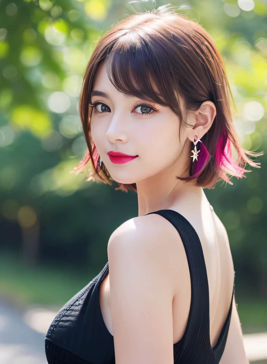 (RAW Photos, 最high quality), (Realistic, photo-Realistic:1.3), 最high quality ,masterpiece, Pitch black is the background、(((Face the camera and face forward))、Portrait style、(Symmetrical body),Cleavage、 ((Big Ass, Big Breasts)), (beautiful girl), Vivid pink lipstick, Colorful Makeup, Long eyelashes, Earrings, Applying eyeliner, Fair skin, Pink Hair、(cute), (Detailed face), Big Eyes、 Detailed Iris, 8K Ultra HD, Digital SLR, Soft lighting, high quality, Beautifully detailed nose,, Realistic face, Pink Cat, A light smile, (Very detailed face: 1.5),  最high quality, Super detailed, masterpiece, In detail, 8k wallpaper, Pixie Cut、(sfw:1.8),Real、8K、(masterpiece), (Very complicated:1.3), (Realistic), 1 female、Women&#39;s photos、23 years old、round face、Blue Eyes、Close-up of face、Big Eyes、Drooping eyes、 short hair、The most beautiful in the world,, White skin、delicate、 Upper Body, night、 Strong lighting, Detailed professional photos of beautiful women, Sharp focus, Cinema Lighting, rendering , ( Blurred Background, Depth of written boundary),((Realistic)), ((Sharp focus)), (Highest Resolution), ((masterpiece)), Professional Cinema Lighting、 (Perfect hands), （Perfect Fingers