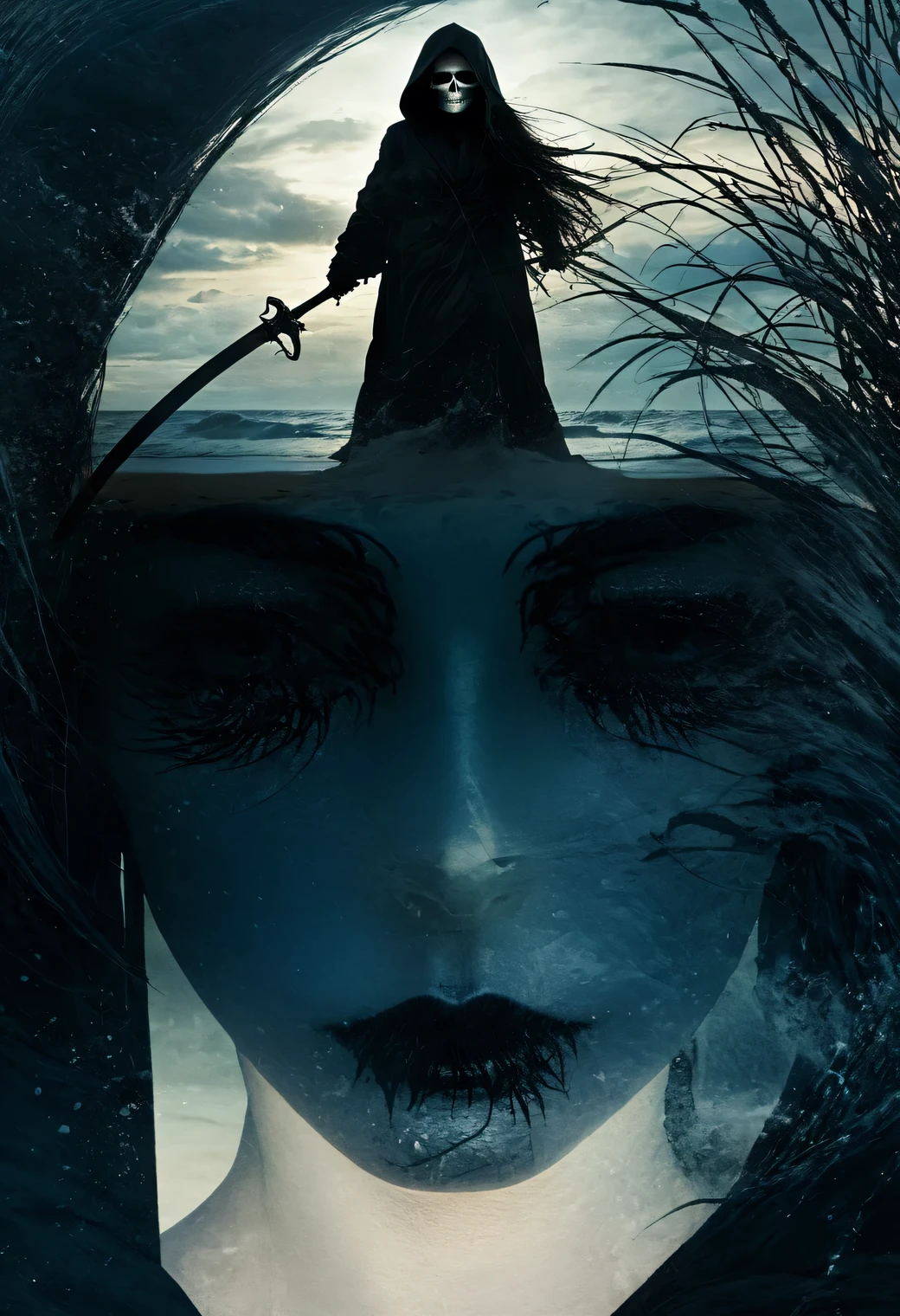 (double exposure of beautiful woman and black grim reaper), [close-up of black grim reaper's face in the distance above: beautiful woman standing on the beach, wearing a : 0.4],