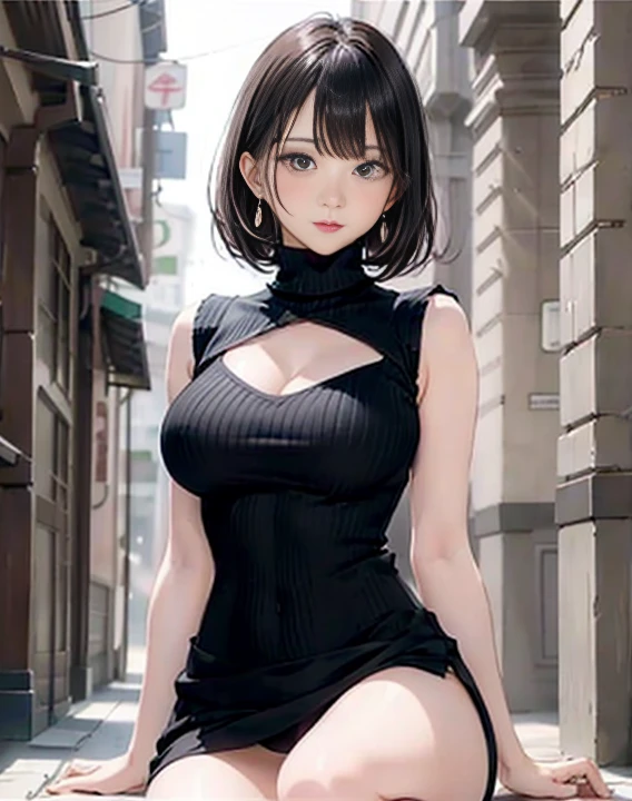 (Pale pink turtleneck sleeveless knit)、Pencil Skirt、20-year-old girl, Very large breasts,, Swelling of the chest、pinching the chest with arms、Black-haired、short pixie cut hair,On the city streets, necklace、Earrings、Knee-high stockings、High heels ((Very detailed))、Squat with your knees up、Kamimei、(Perfectly detailed face), (Handcrafted with attention to detail) Photorealistic images、The whole body is visible、Accentuate your butt