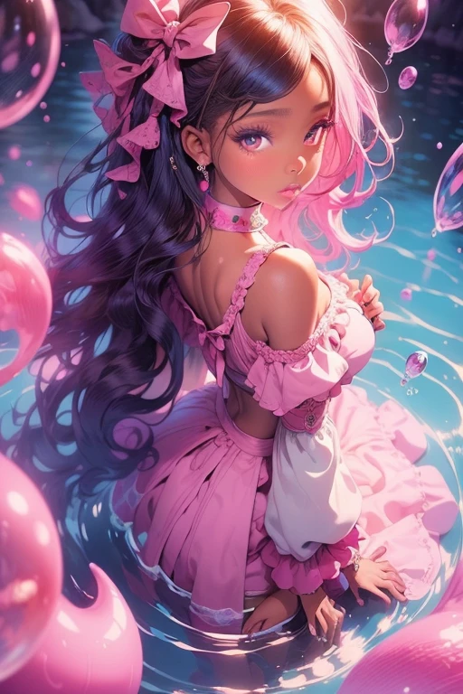 (best quality,8k,high res,masterpiece:1.2),ultra-detailed,afrocentric skin girl,beautiful detailed eyes,beautiful detailed lips,pink water and bubbles,anime,anime illustration,anime by sam does art