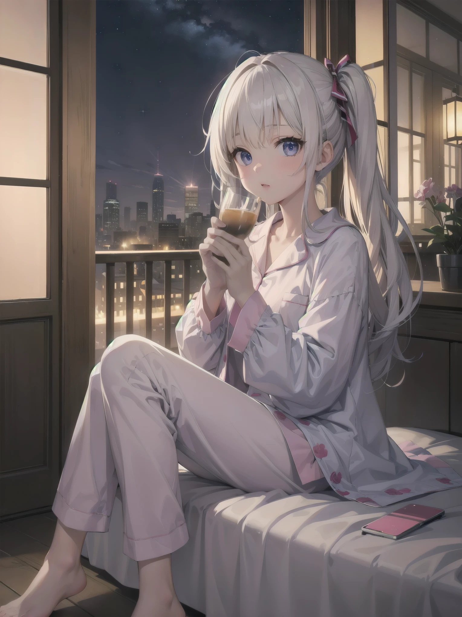 (night sky and girl、pajamas、blanket、Looking up at the stars on the balcony)
Sitting on a chair on the balcony、pajamas姿の少女がblanketにくるまりながら星を見つめる。The starlight is reflected in her eyes、Quiet night time unfolds。