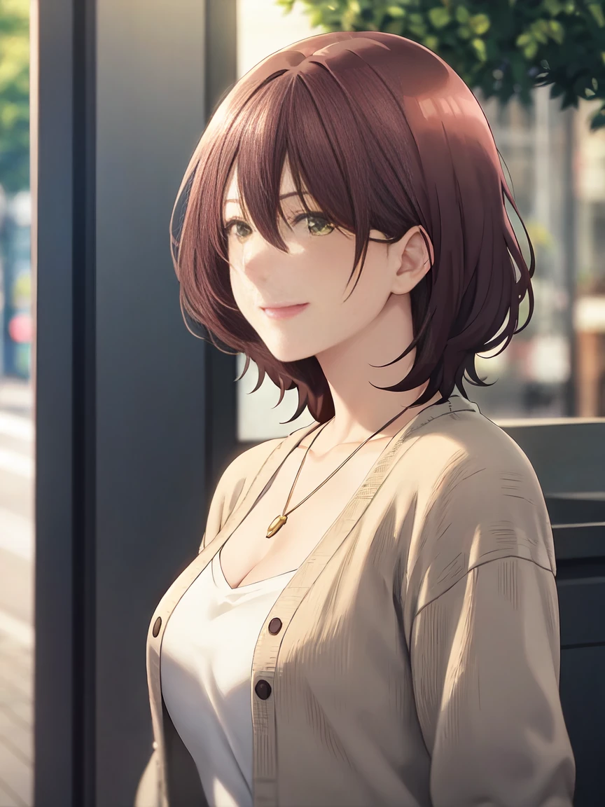 masterpiece, (best quality), 1woman,1girl ,aoihinami, , short hair, green eyes, white shirt,cardigan,sexy woman,jacket, necklace, jewelry,closed clothes,  smile, hair between eyes, vibrant colors ,natural lighting  ,RTX,  , beautiful, (detailed face:1.2), showcase, (perfect eyes:1.1) ,(photorealistic:1.1), 8k uhd,  looking a viewer, outdoorackround