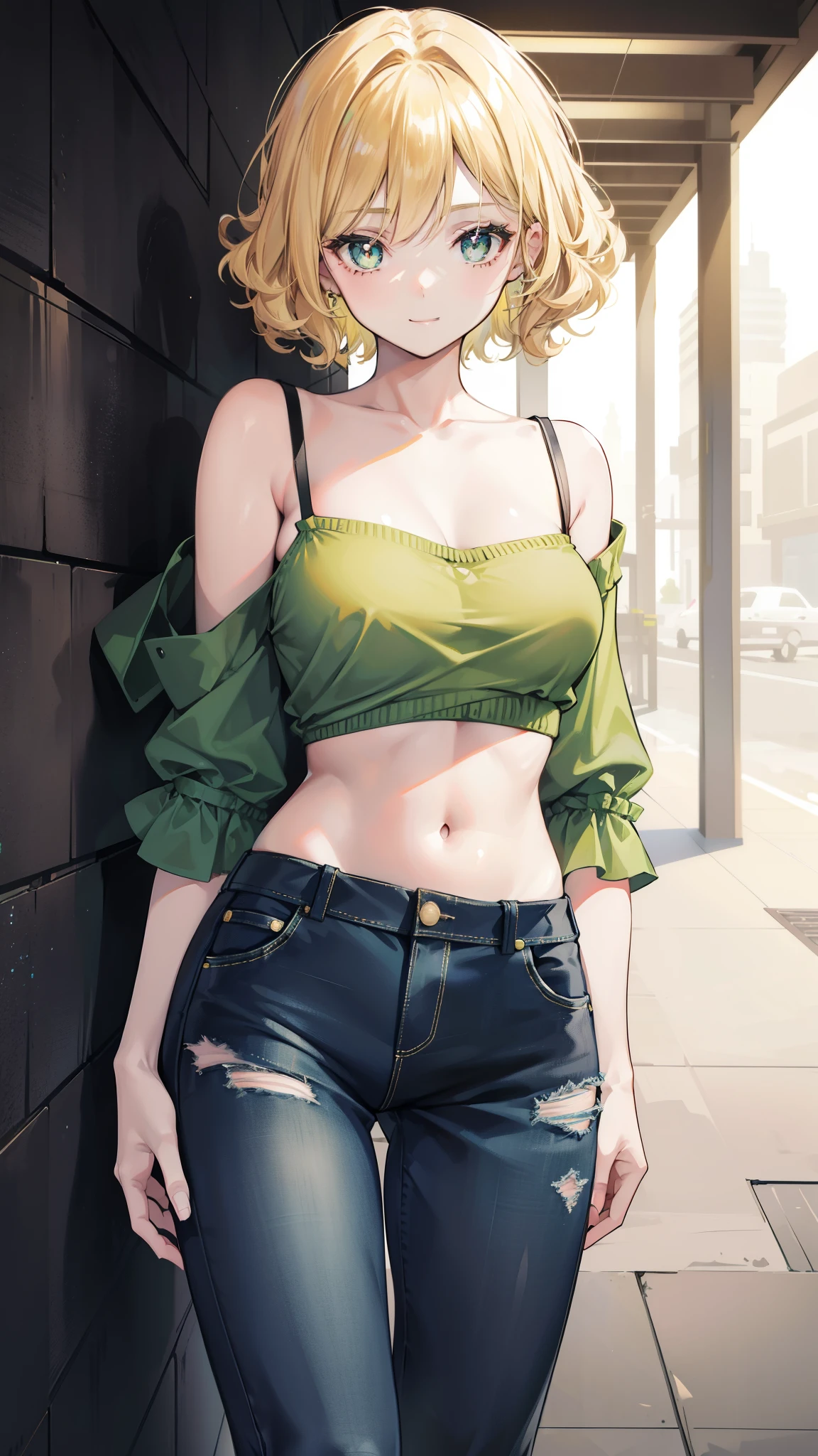 beautiful girl,Blonde short hair,curls,Green pupils,(Black off-the-shoulder short sleeves),belly button,(camisole),Super short jeans,(Pants open and unbuttoned),Bare legs,In the entrance,Warm Lights,Gentle smile,A warm filter,Leaning against the wall
