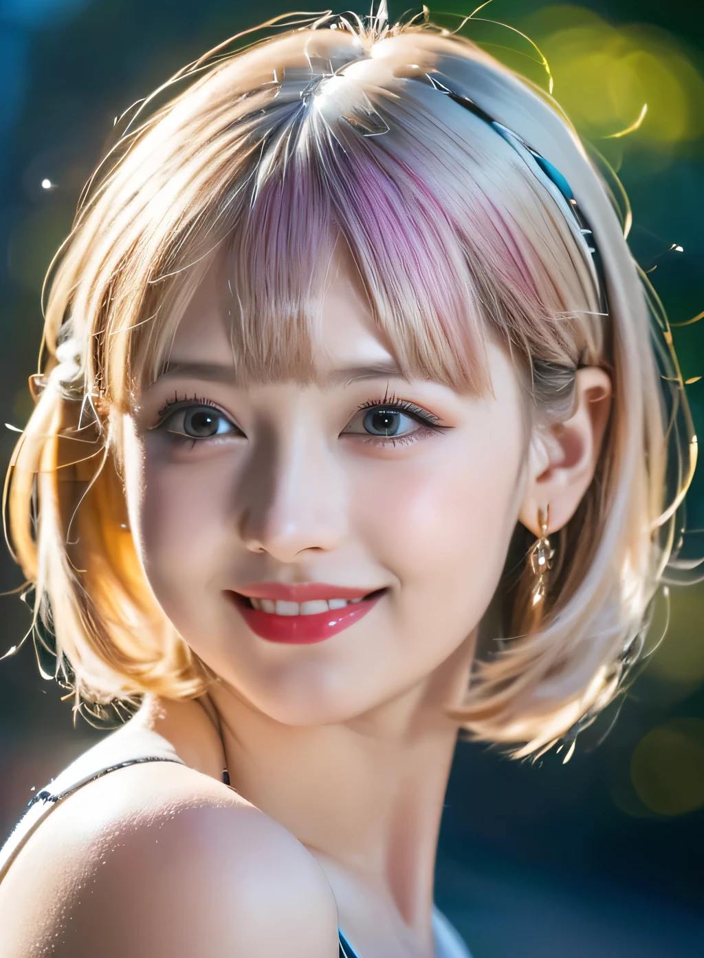 (RAW Photos, 最high quality), (Realistic, photo-Realistic:1.3), 最high quality ,masterpiece, Pitch black is the background、(((Face the camera and face forward))、Portrait style、(Symmetrical face), ((Big Ass, Big Breasts)), (beautiful girl), Vivid pink lipstick, Colorful Makeup, Long eyelashes, Earrings, Applying eyeliner, Fair skin, Pink Hair、(cute), (Detailed face), Big Eyes、 Detailed Iris, 8K Ultra HD, Digital SLR, Soft lighting, high quality, Beautifully detailed nose,, Realistic face, Pink Cat, A light smile, (Very detailed face: 1.5),  最high quality, Super detailed, masterpiece, In detail, 8k wallpaper, Pixie Cut