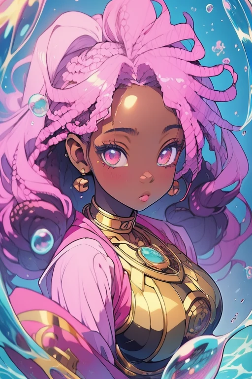 (best quality,8k,high res,masterpiece:1.2),ultra-detailed,afrocentric skin girl,beautiful detailed eyes,beautiful detailed lips,pink water and bubbles,anime,anime illustration,anime by sam does art