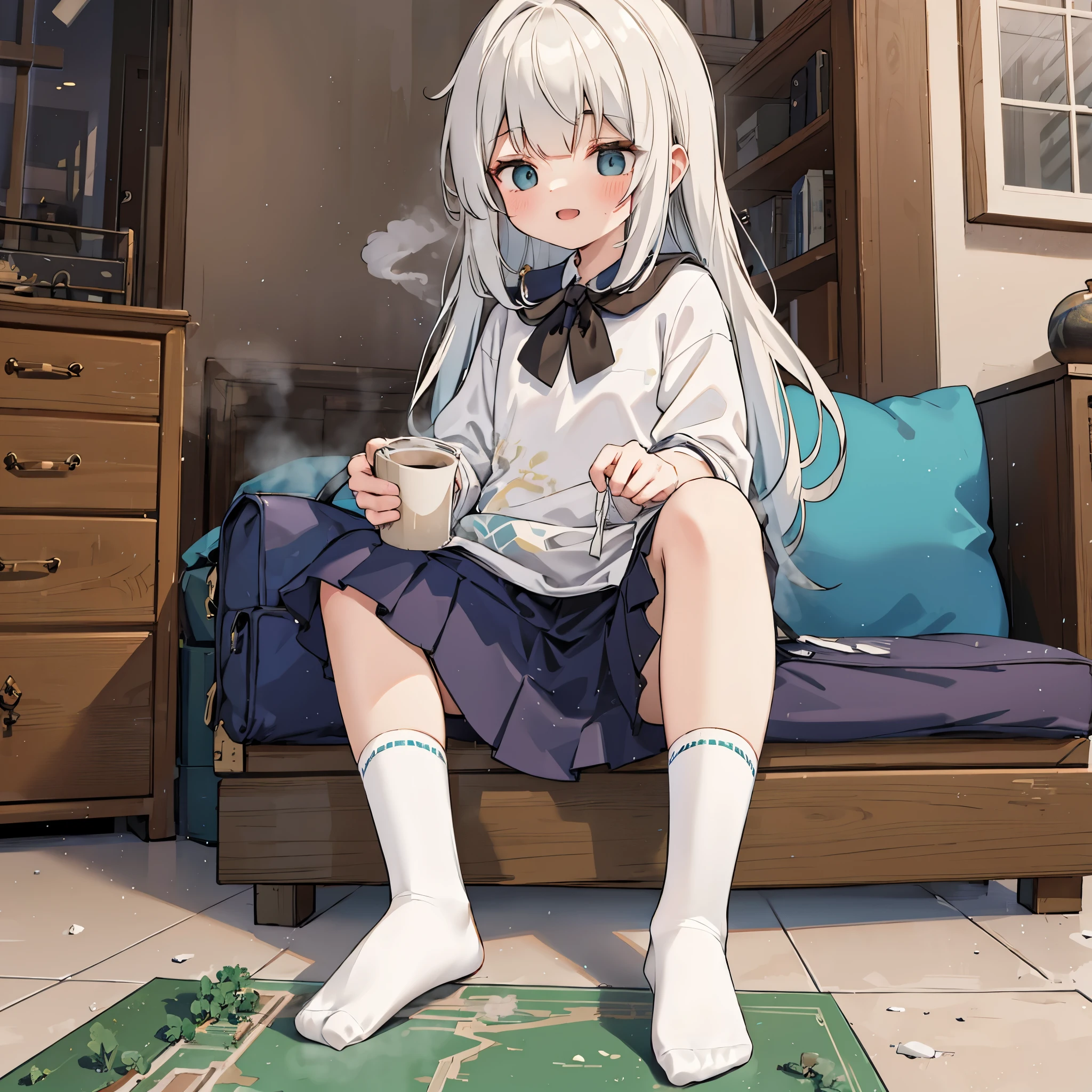  Masterpiece, Best quality, Highly detailed,Masterpiece,Best quality,offcial art,Extremely detailed Cg Unity 8K wallpaper，1girl，solo，A girl, eight years old, without shoes, white socks， In the room, sitting on a city, building，building in city,sitting on the ground, Step on the city with her feet, laughing, socks emitting steam,