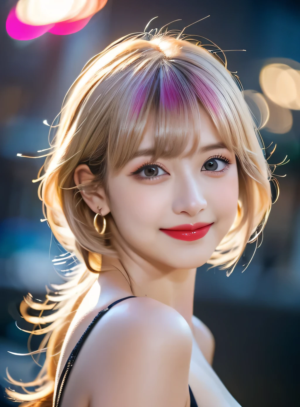 (RAW Photos, 最high quality), (Realistic, photo-Realistic:1.3), 最high quality ,masterpiece, Pitch black is the background、(((Facing forward, facing the camera))、Portrait style、(Symmetrical face), ((Big Ass, Big Breasts)), (beautiful girl), Vivid pink lipstick, Colorful Makeup, Long eyelashes, Earrings, Applying eyeliner, Fair skin, Pink Hair、(cute), (Detailed face), Big Eyes、 Detailed Iris, 8K Ultra HD, Digital SLR, Soft lighting, high quality, Beautifully detailed nose,, Realistic face, Pink Cat, A light smile, (Very detailed face: 1.5),  最high quality, Super detailed, masterpiece, In detail, 8k wallpaper, Pixie Cut