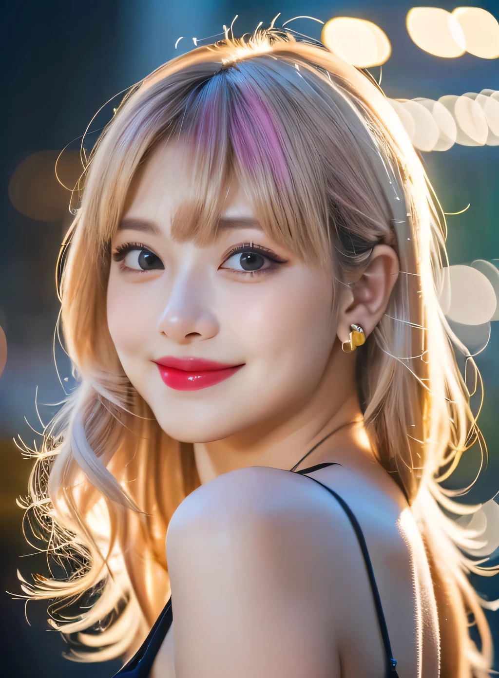 (RAW Photos, 最high quality), (Realistic, photo-Realistic:1.3), 最high quality ,masterpiece, Pitch black is the background、(((The body is facing forward))、(Symmetrical face), ((Big Ass, Big Breasts)), (beautiful girl), Vivid pink lipstick, Colorful Makeup, Long eyelashes, Earrings, Applying eyeliner, Fair skin, Pink Hair、(cute), (Detailed face), Big Eyes、 Detailed Iris, 8K Ultra HD, Digital SLR, Soft lighting, high quality, Beautifully detailed nose,, Realistic face, Pink Cat, A light smile, (Very detailed face: 1.5),  最high quality, Super detailed, masterpiece, In detail, 8k wallpaper, Pixie Cut