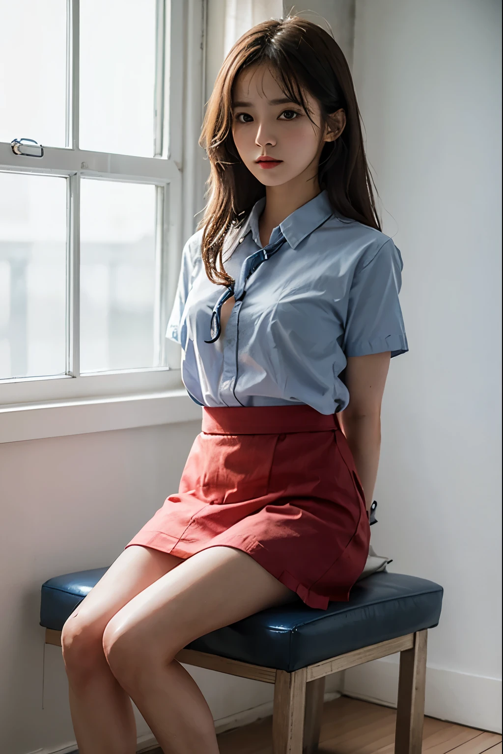 A cute girl is confined and tied up、Inside the room、White under the blue skirt、Red short sleeve shirt、Sit with your feet together and forward、Beauty、30 years old、Medium build、