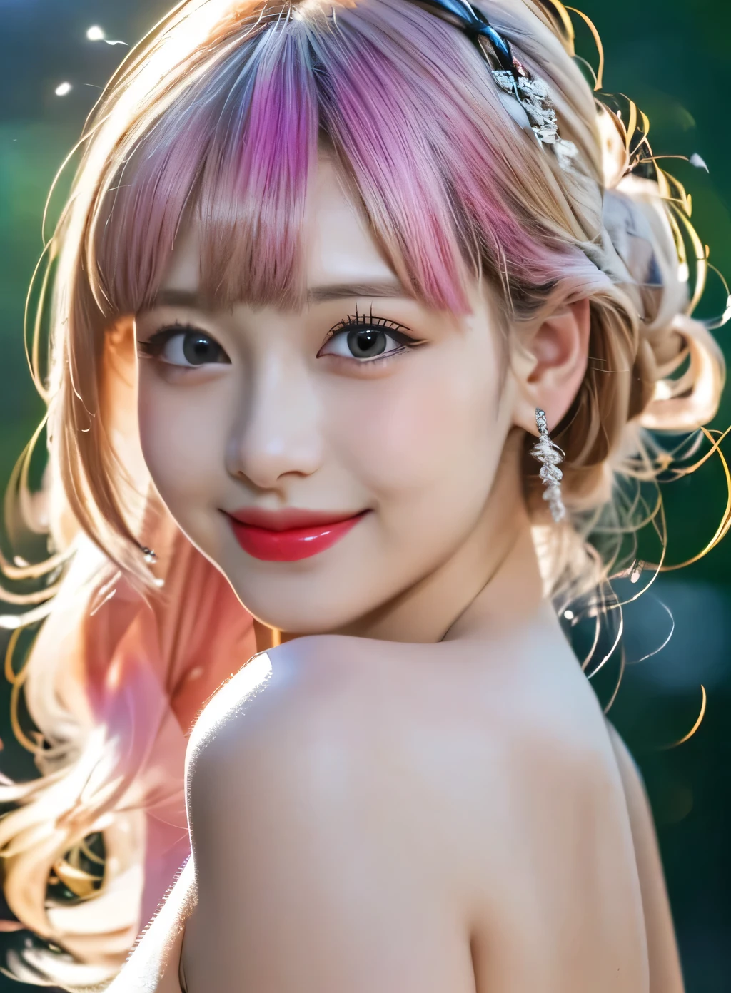 (RAW Photos, 最high quality), (Realistic, photo-Realistic:1.3), 最high quality ,masterpiece, Pitch black is the background、(((Facing forward))、(Symmetrical face), ((Big Ass, Big Breasts)), (beautiful girl), Vivid pink lipstick, Colorful Makeup, Long eyelashes, Earrings, Applying eyeliner, Fair skin, Pink Hair、(cute), (Detailed face), Big Eyes、 Detailed Iris, 8K Ultra HD, Digital SLR, Soft lighting, high quality, Beautifully detailed nose,, Realistic face, Pink Cat, A light smile, (Very detailed face: 1.5),  最high quality, Super detailed, masterpiece, In detail, 8k wallpaper, Pixie Cut