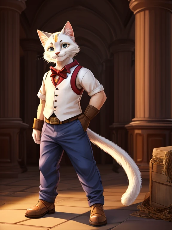 A male cat with white fur stands on his hind legs dressed in pants and a vest, Charming smile