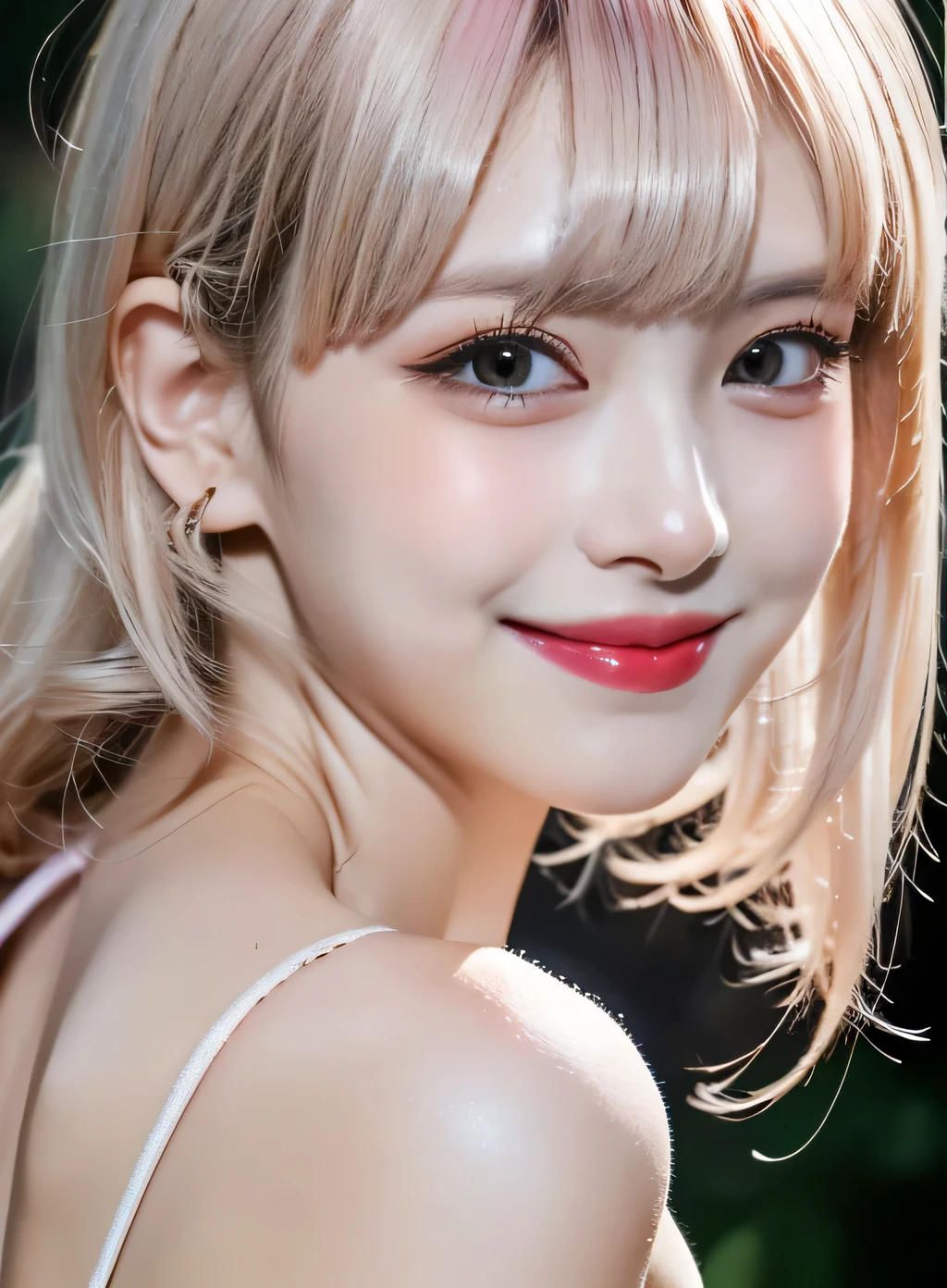 (RAW Photos, 最high quality), (Realistic, photo-Realistic:1.3), 最high quality ,masterpiece, Pitch black is the background、(((Facing forward))、(Symmetrical face), ((Big Ass, Big Breasts)), (beautiful girl), Vivid pink lipstick, Colorful Makeup, Long eyelashes, Earrings, Applying eyeliner, Fair skin, Pink Hair、(cute), (Detailed face), Big Eyes、 Detailed Iris, 8K Ultra HD, Digital SLR, Soft lighting, high quality, Beautifully detailed nose,, Realistic face, Pink Cat, A light smile, (Very detailed face: 1.5),  最high quality, Super detailed, masterpiece, In detail, 8k wallpaper, Pixie Cut