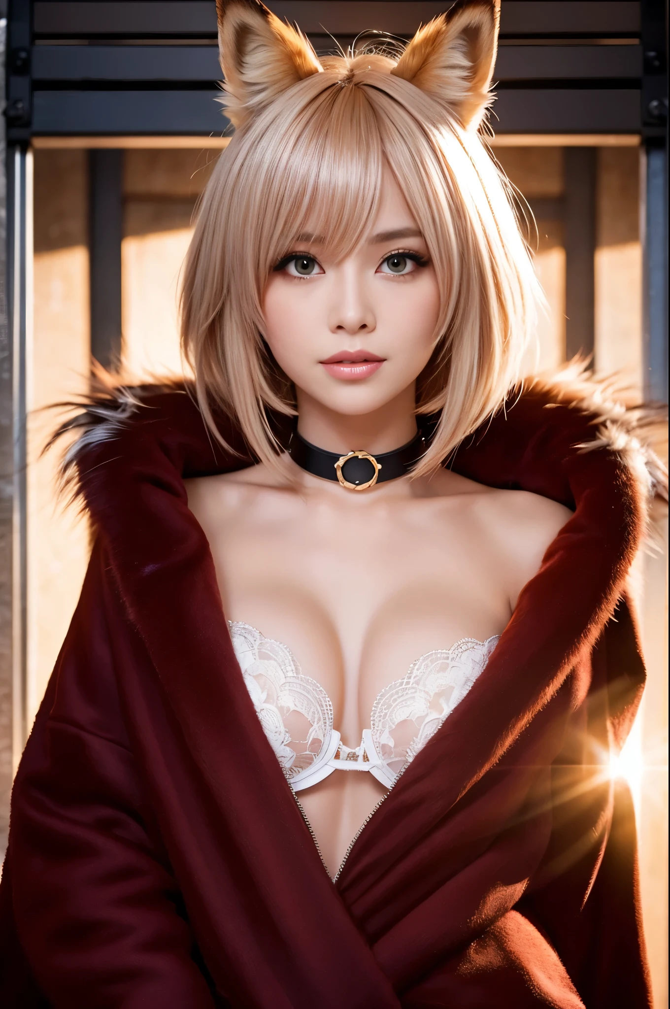 sexy swedish model, (-anime), only 1 model, very short hair, beautiful smile, lipgloss, long lashes, defined eyebrows, long fur fox color scheme, ((long fur fox cosplay)), fox ears, fox tail, fox choker, look at the camera, cinematic light, (sparkling long fur background), sweet and sexy pose