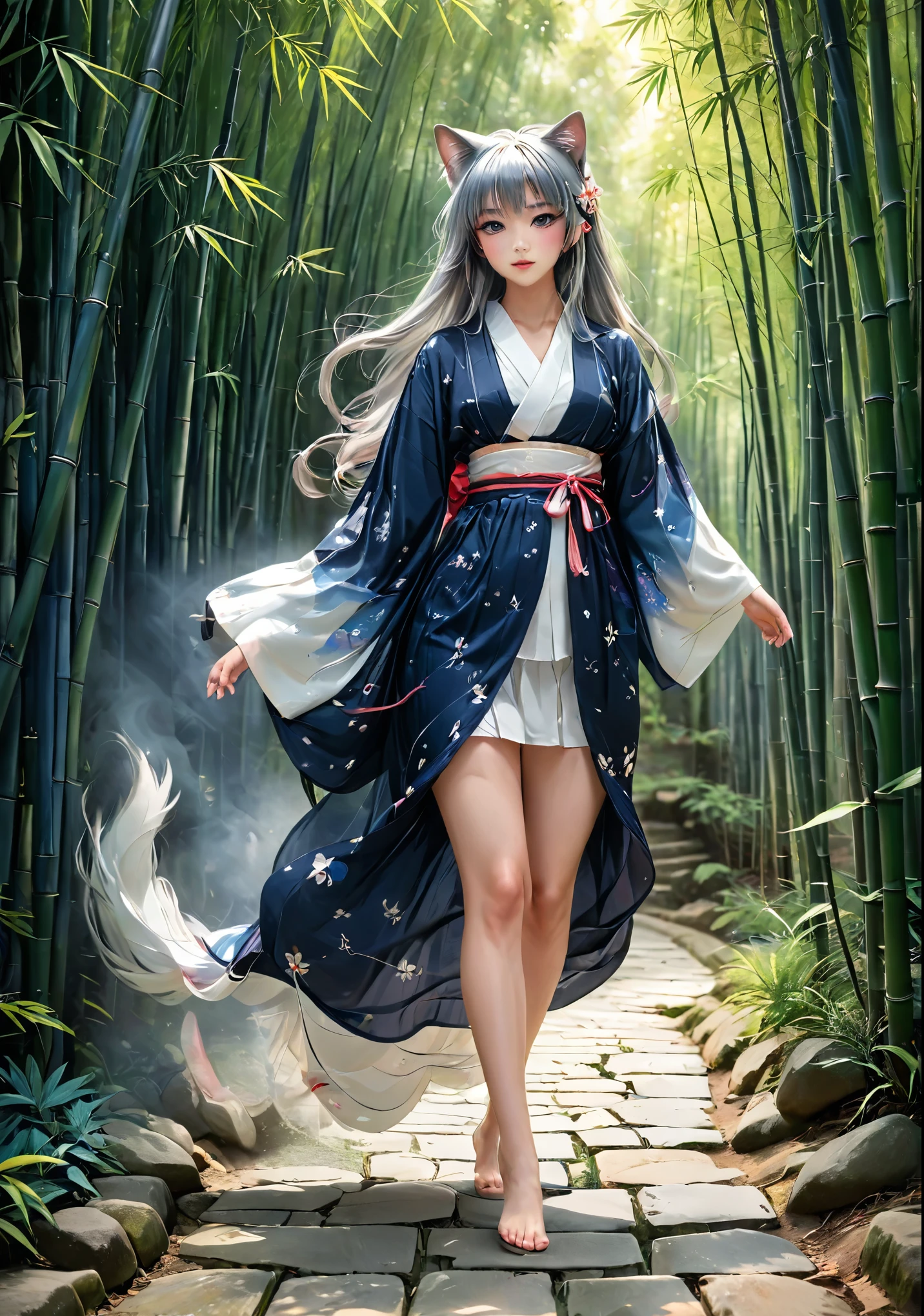 A girl wearing a Japanese-style cat eye mask、Japanese Girls、Long silver hair、A long, gorgeous midnight blue and white kimono、Face me and join your hands in prayer、Smooth long hair with bangs、In the bamboo forest、A stone-paved walkway lined with low bamboo fences、Complex colors, Art Me、Actual Photos、High resolution、detailed、whole body