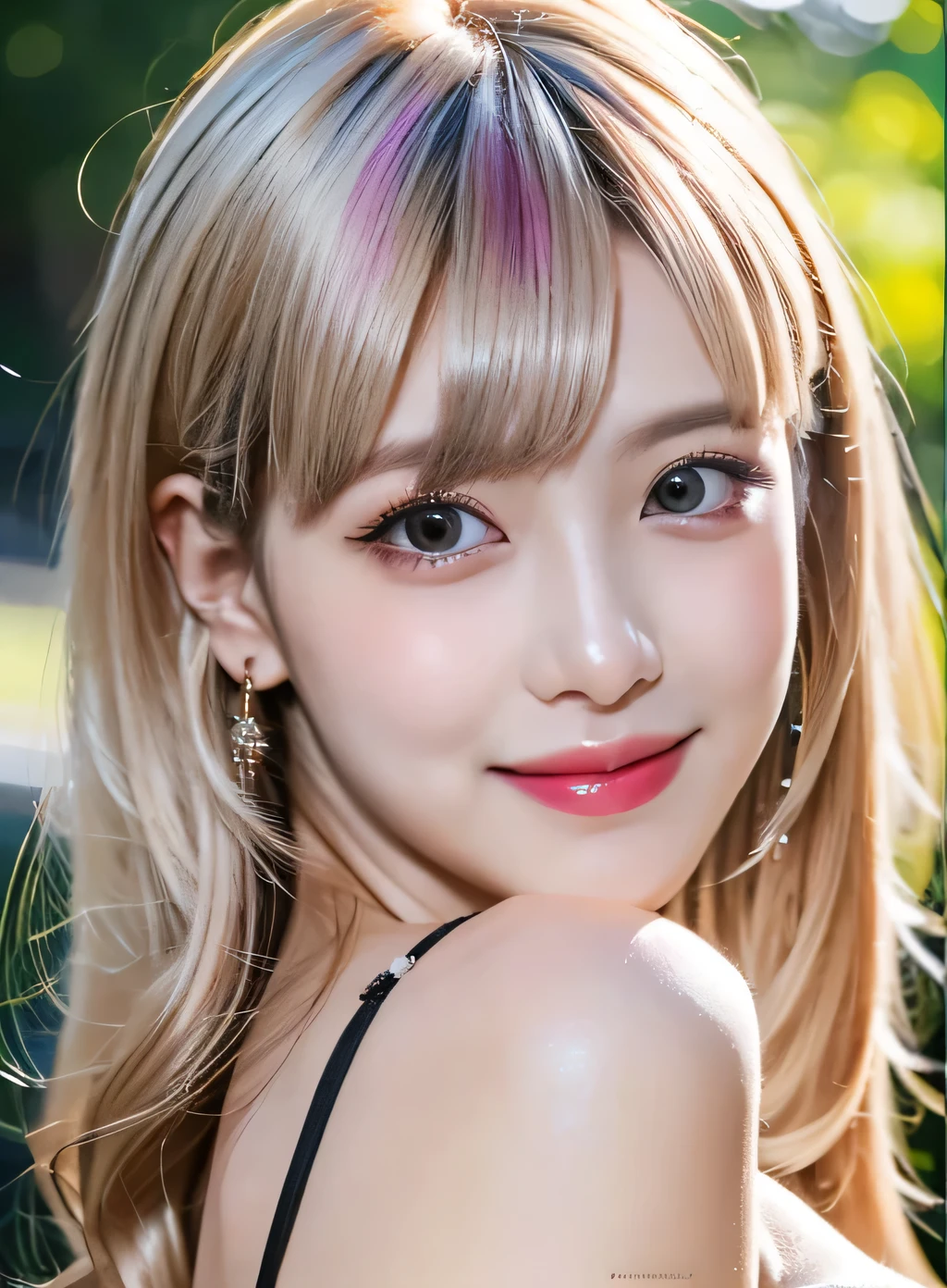 (RAW Photos, 最high quality), (Realistic, photo-Realistic:1.3), 最high quality ,masterpiece, (Frontal symmetrical face), ((Big Ass, Big Breasts)), (beautiful girl), Pink lipstick, Colorful Makeup, Long eyelashes, Earrings, Applying eyeliner, Fair skin, Pink Hair、(cute), (Detailed face), Big Eyes、 Detailed Iris, 8K Ultra HD, Digital SLR, Soft lighting, high quality, Beautifully detailed nose,, Realistic face, Pink Cat, A light smile, (Very detailed face: 1.5),  最high quality, Super detailed, masterpiece, In detail, 8k wallpaper, Pixie Cut