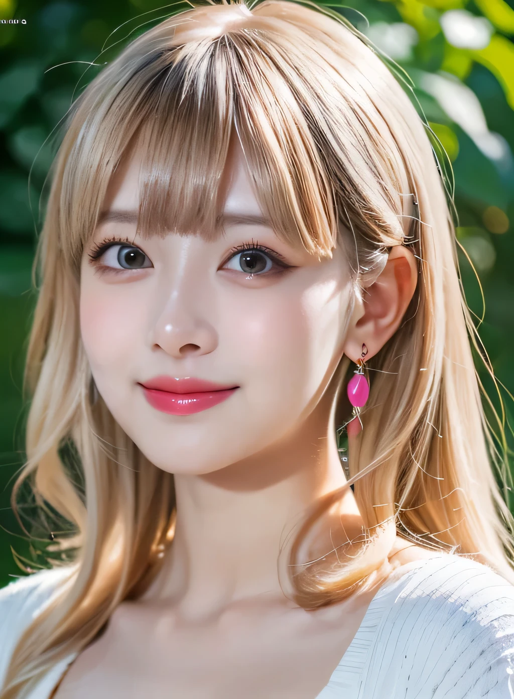 (RAW Photos, 最high quality), (Realistic, photo-Realistic:1.3), 最high quality ,masterpiece, (Frontal symmetrical face), ((Big Ass, Big Breasts)), (beautiful girl), Pink lipstick, Colorful Makeup, Long eyelashes, Earrings, Applying eyeliner, Fair skin, Pink Hair、(cute), (Detailed face), Big Eyes、 Detailed Iris, 8K Ultra HD, Digital SLR, Soft lighting, high quality, Beautifully detailed nose,, Realistic face, Pink Cat, A light smile, (Very detailed face: 1.5),  最high quality, Super detailed, masterpiece, In detail, 8k wallpaper, Pixie Cut