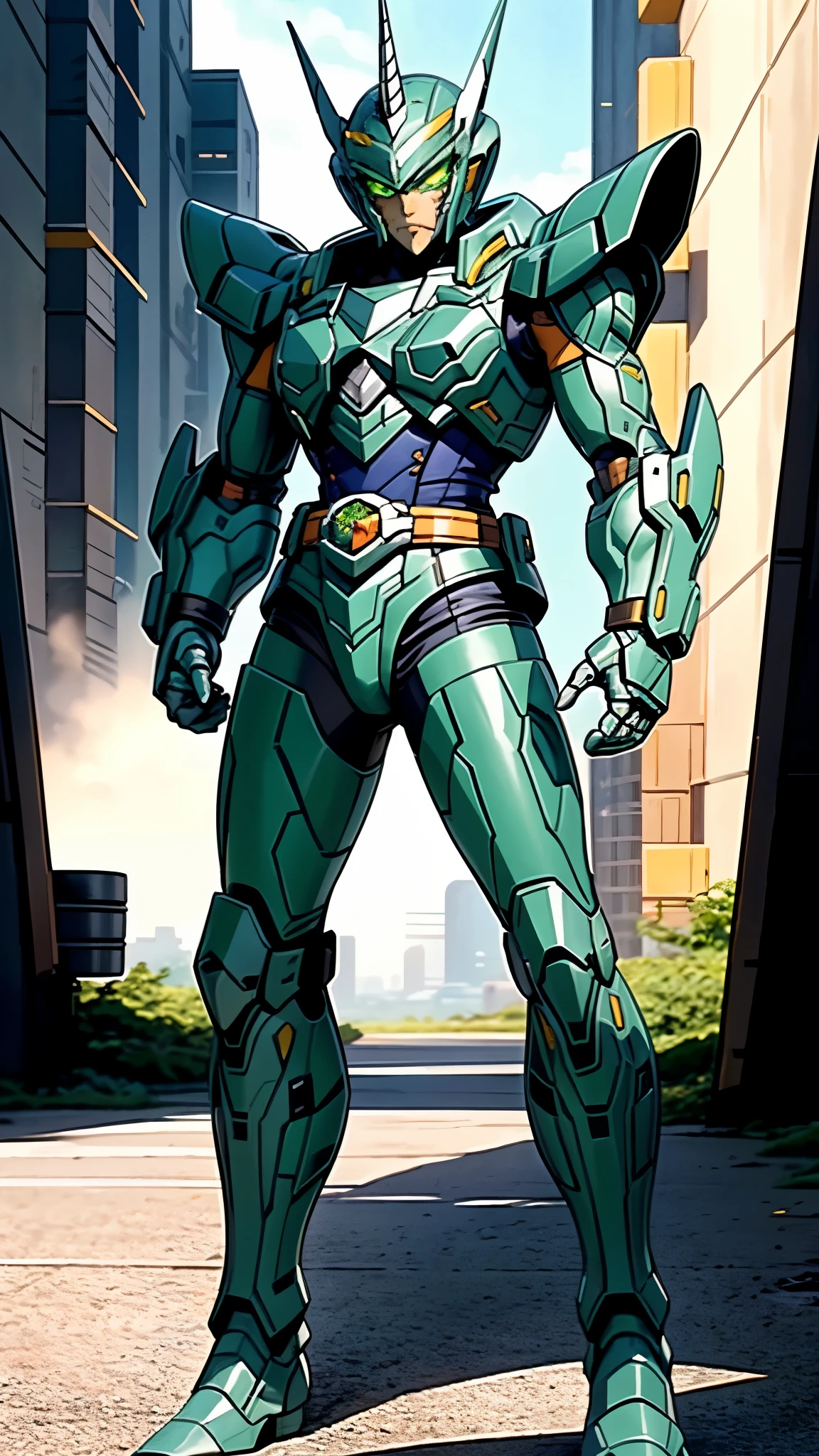 A man wearing a full-face helmet, a fantasy-style biotech armored combat suit, green eyes, (a composite layered chest armor), fully enclosed shoulder guards, matching arm and leg guards, the belt is adorned with Horseshoe-shaped marker, (the color scheme is primarily white with green accents), the design balances heavy with agility, a high-tech bio-mecha armor, (Armor Concept Inspired by Unicorn, stand on the top of a skyscraper in a futuristic sci-fi city), this character embodies a finely crafted fantasy-surreal style armored hero in anime style, exquisite and mature manga art style, (battle damage, element, plasma, energy, the armor glows), ((male:1.5)), metallic, real texture material, dramatic, high definition, best quality, highres, ultra-detailed, ultra-fine painting, extremely delicate, professional, perfect body proportions, golden ratio, anatomically correct, symmetrical face, extremely detailed eyes and face, high quality eyes, creativity, RAW photo, UHD, 32k, Natural light, cinematic lighting, masterpiece-anatomy-perfect, masterpiece:1.5