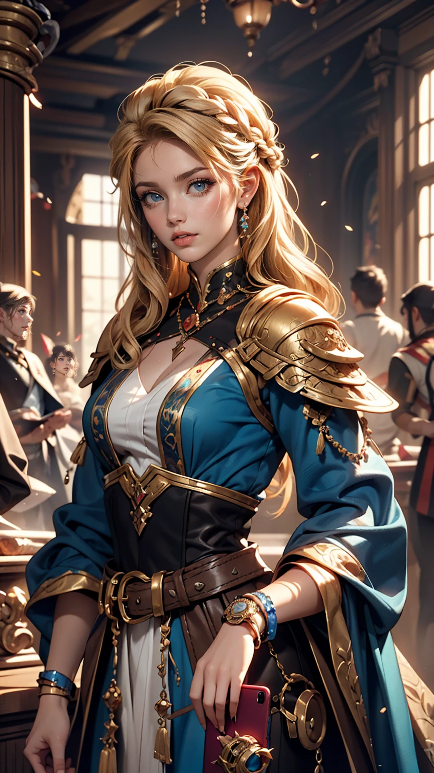 Woman with long blonde hair holding a mobile phone, Magali Villeneuveに触発されて, fantasy art portraits, Fantasy Portrait art, detailed matte Fantasy Portrait, Alice x. open, Fantasy Portrait, epic fantasy art portraits, beautiful fantasy art portraits, Magali Villeneuve」, グラフィックアーティスト Magali Villeneuve, fantasy genre portrait, Epic fantasy digital art style