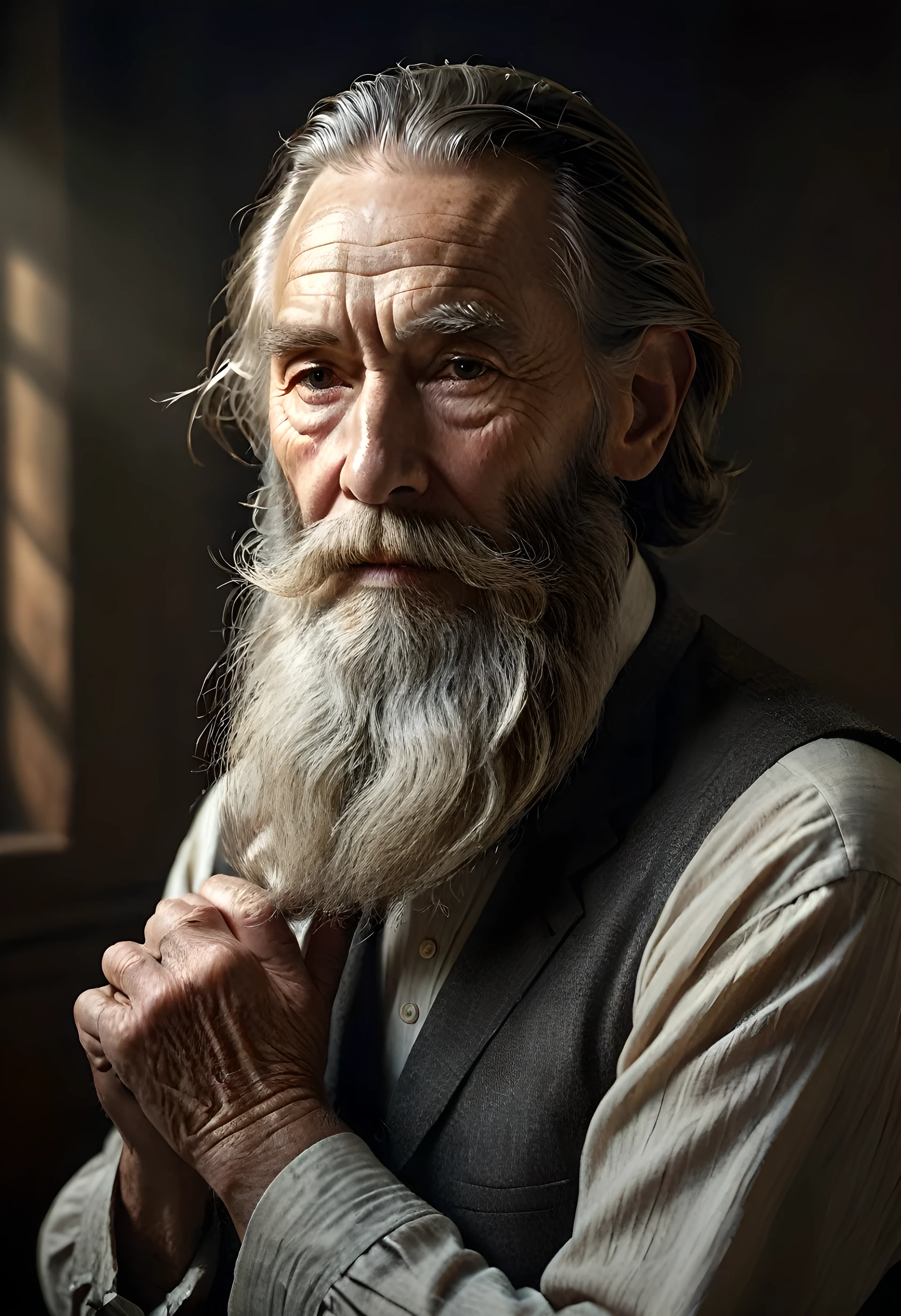 highres,masterpiece:1.2,realistic,portrait,detailed face,long beard,wrinkled hands,dark room,gentle lighting,subtle colors