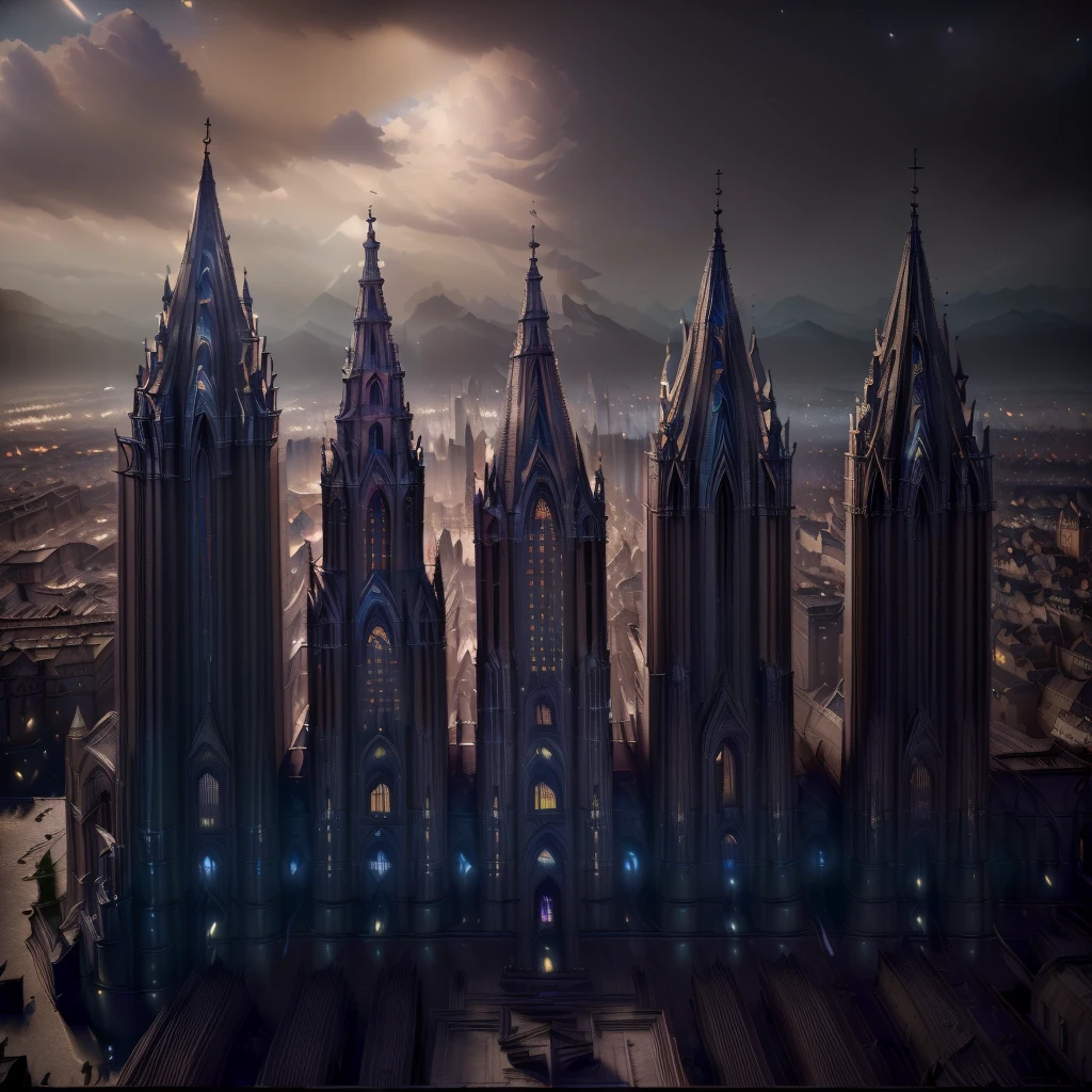 (best quality,4k,8k,highres,masterpiece:1.2),ultra-detailed,(realistic,photorealistic,photo-realistic:1.37),ominous dark city,low poly medieval baroque,hyper-detailed symmetric epic cityscape,hyperrealistic render,unreal uplighting,unrealistic perspective,five-point perspective