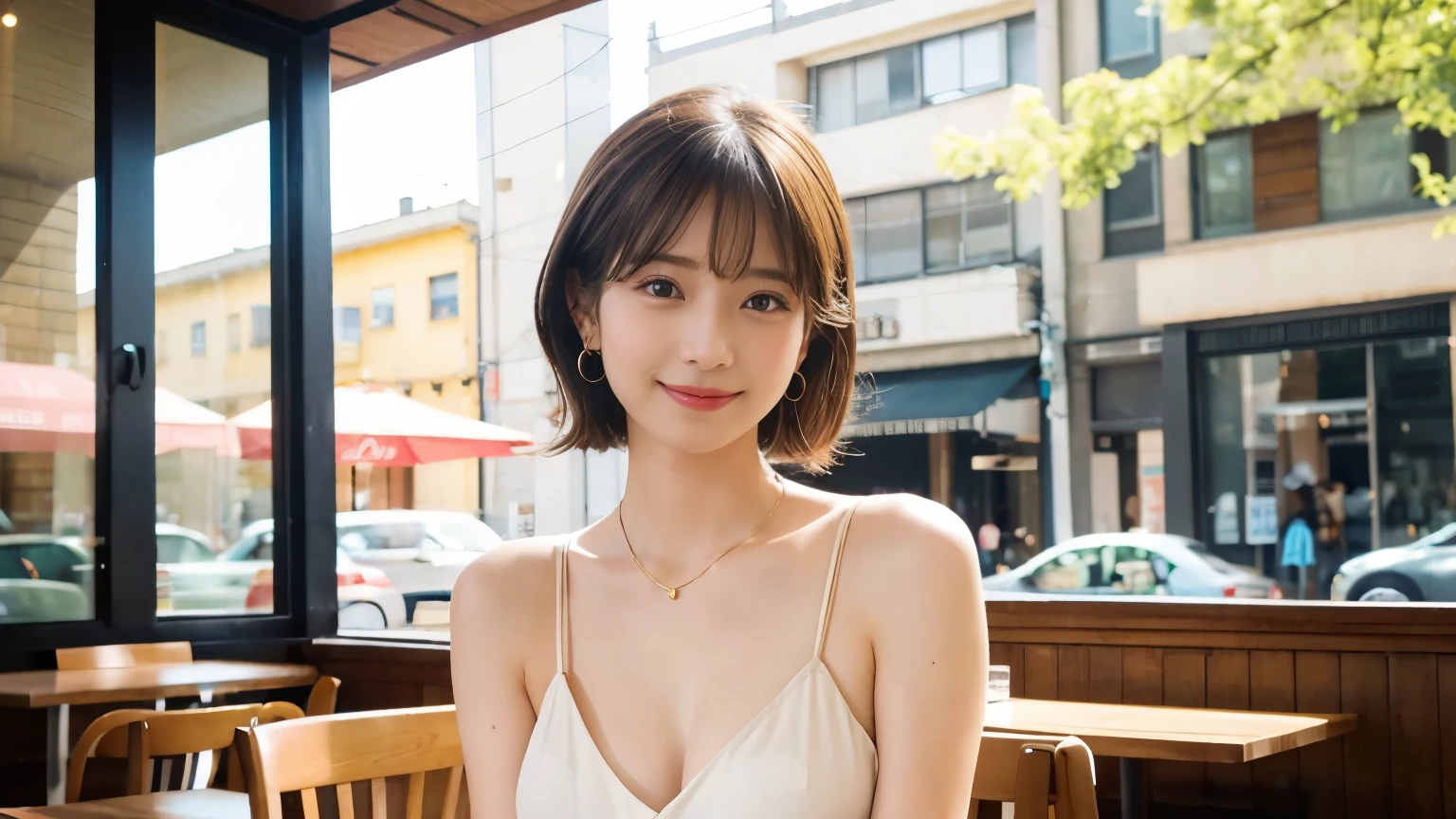 super high quality, short hair, thin, Photography Sculpture, The staff is working at the counter in the back.., (8k、RAW Photos、highest quality、masterpiece:1.2), Japanese Idols, Shaggy, Sportswear, Stylish cafe, People having fun at the cafe々Bustling with., (Realistic、Realistic:1.37), Mesh Hair, Urban Cafe, Golden Ratio, RAW Photos, Cute Face , Light brown hair, Earrings, Small breasts, Bright cafe interior, Spring Clothes, necklace, Spoiled, Cafe Terrace, Open Cafe, Open Cafeの前に高級車, smile, Hair blowing in the wind, Dress neatly, 18-year-old, younger sister, 
