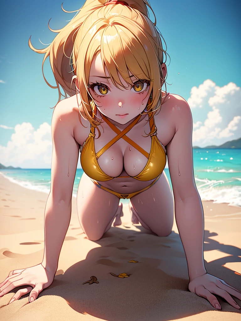 (highest quality, High resolution, perfect pixel, Depth of bounds written, 4K), detailed eyes, (1 lady), tall, (skinny body:1.2), (thin thighs:1.2), (Narrow hips:1.2), large breasts, blond hair, (ponytail:1.2), (yellow Short pants bikini:1.2), (unbutton:1.3), (cross halter bikini), (rio cut pants), (panty strap:1.3), (denim short panty:1.2), (seductively posing on all fours on a beach, looking up flirtatiously:1.2), (clear face), sweat, 