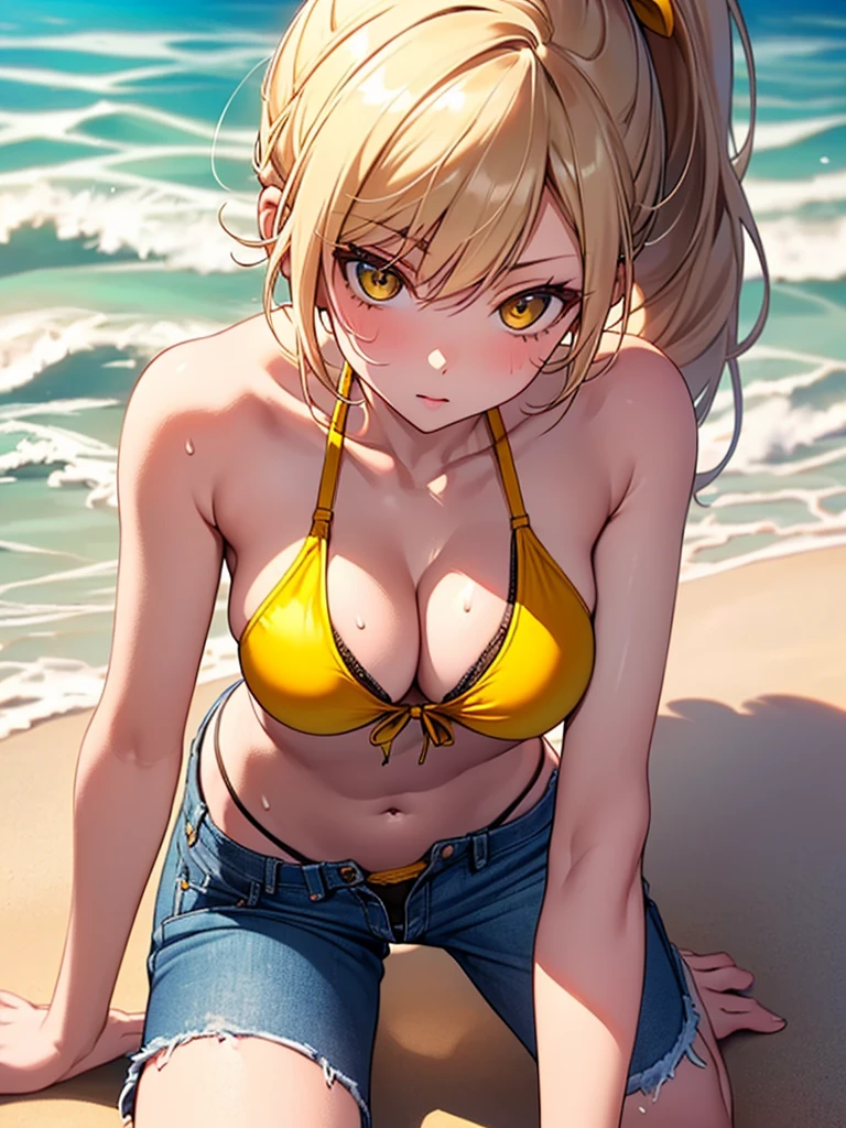 (highest quality, High resolution, perfect pixel, Depth of bounds written, 4K), detailed eyes, (1 lady), tall, (skinny body:1.2), (thin thighs:1.2), (Narrow hips:1.2), large breasts, blond hair, (ponytail:1.2), (yellow Short pants bikini:1.2), (unbutton:1.3), (cross halter bikini), (rio cut pants), (panty strap:1.3), (denim short panty:1.2), (seductively posing on all fours on a beach, looking up flirtatiously:1.2), (clear face), sweat,