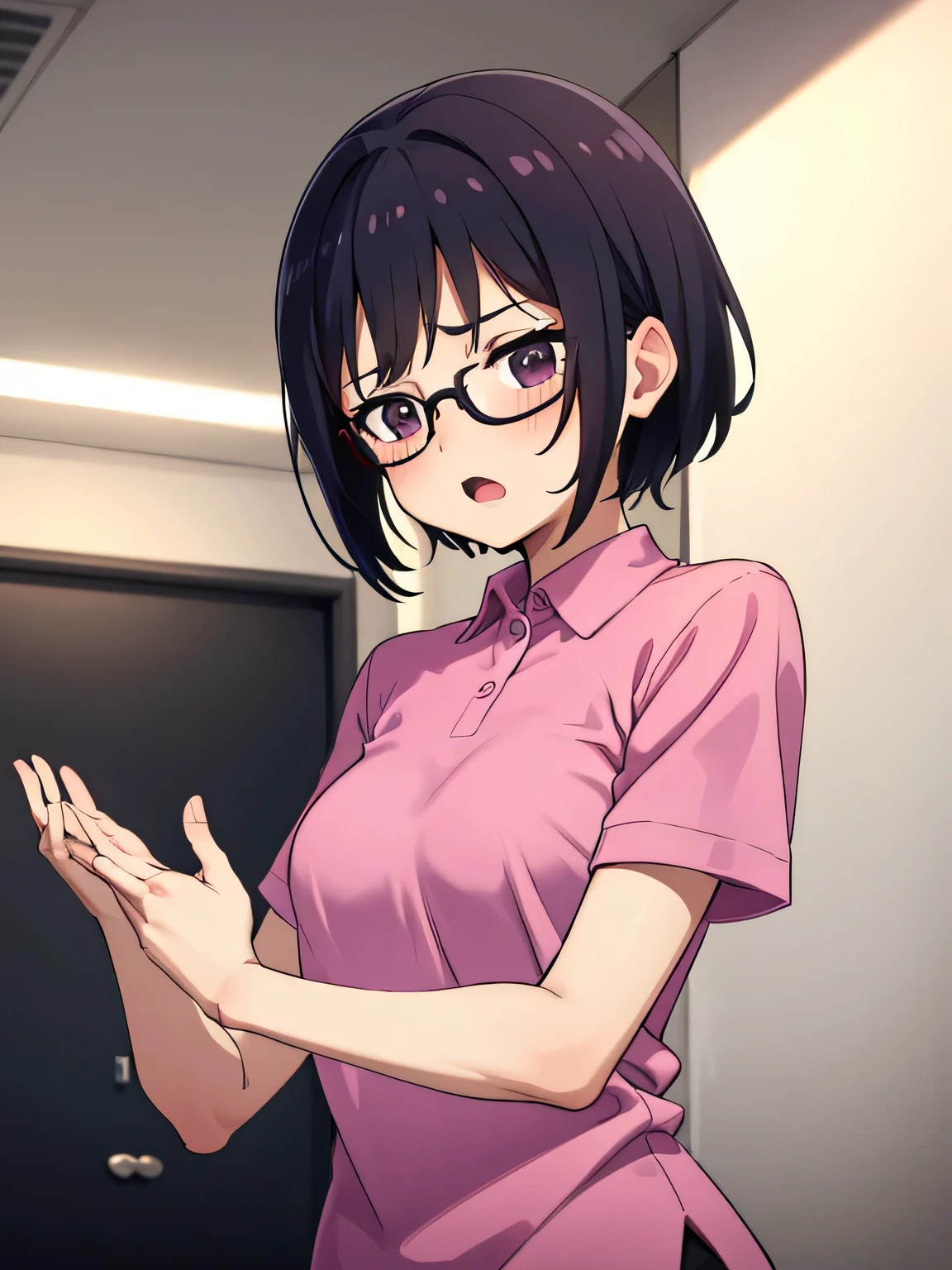 1. Beautiful girl in a magenta polo shirt, short hair, Small breasts, Embarrassing, Beautiful fingers, Shyness, worries, Black Hair, White underwear, Black eyes Hospital Beautiful Cute High quality Short sleeves No bra, Glasses Perfect Hands Medical Checkup