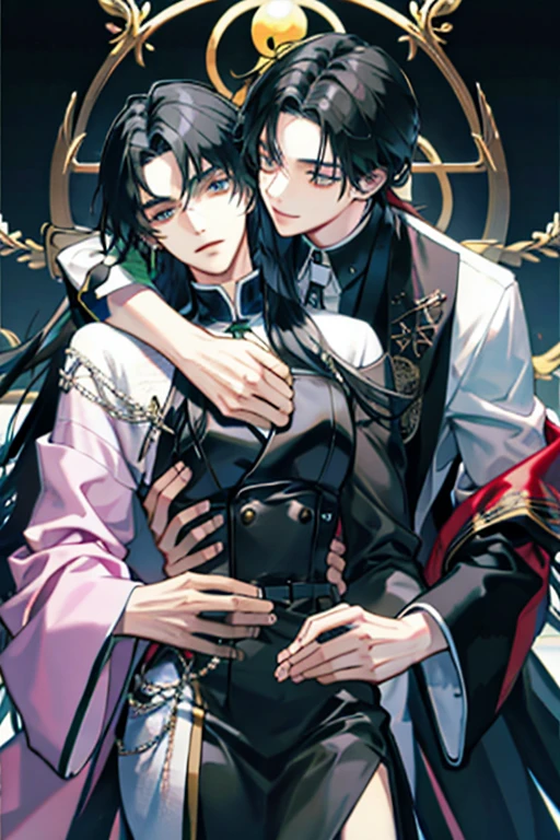 (There were only two men)Black-haired man,Hug another man with long hair。two men embracing