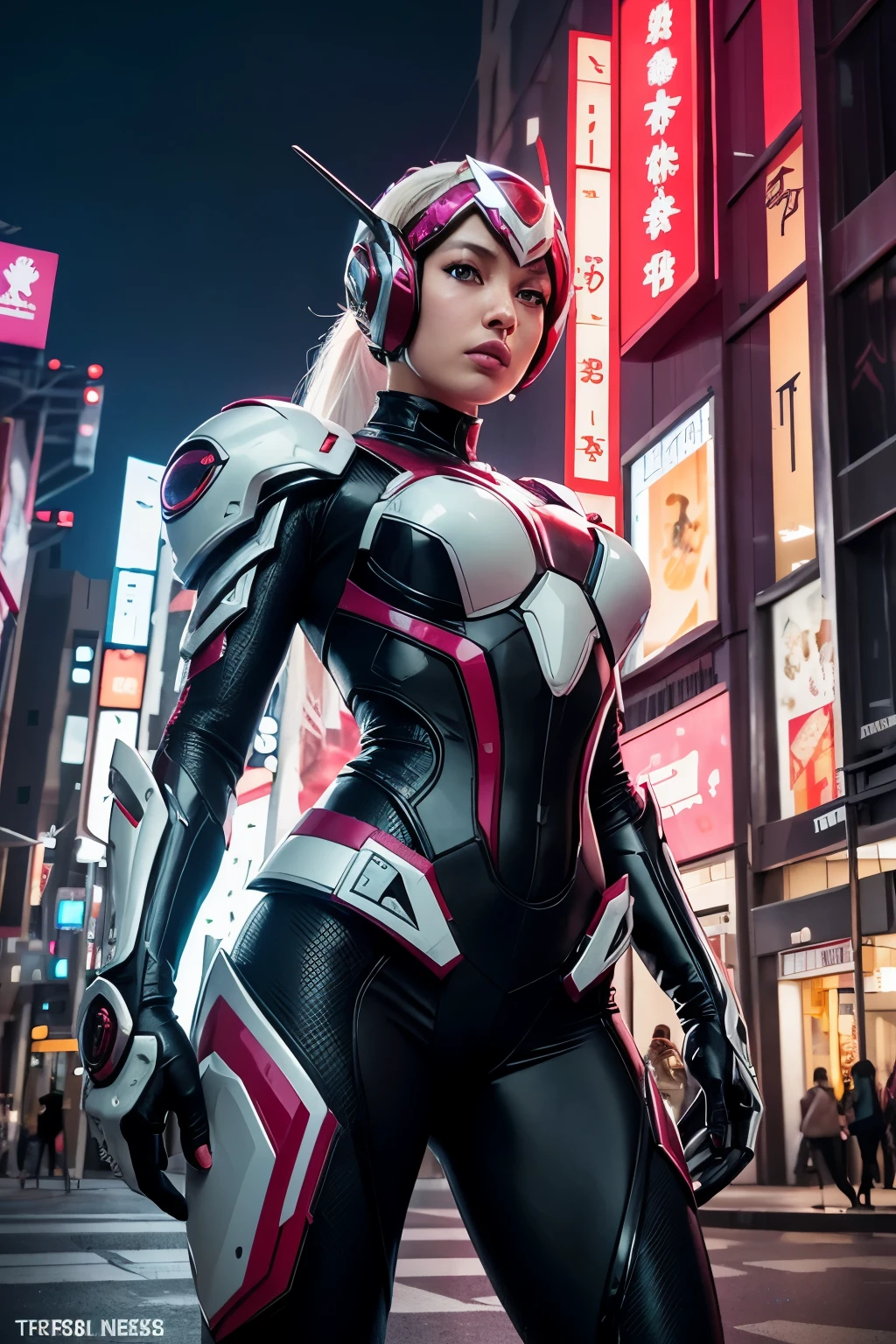 3D Octane Rendering, Ray Tracing, Super Detailing Viewer, Full Shot:
Female Kamen Rider Character, Female High Fantasy Kamen Rider, Female Kamen Rider Ghost, Cyborg Wasp, White Armor with White and Wine Colors Accents, Female Tokusatsu, Kamen Rider Action Pose, Female Kabuto, Wasp, Biopunk Cyborg Wasp, Giant White Nuclear Hornet, Cyber Japan Armor, Female Insectoid. The scene is set in a futuristic Japanese cityscape, with towering skyscrapers and neon lights illuminating the night
