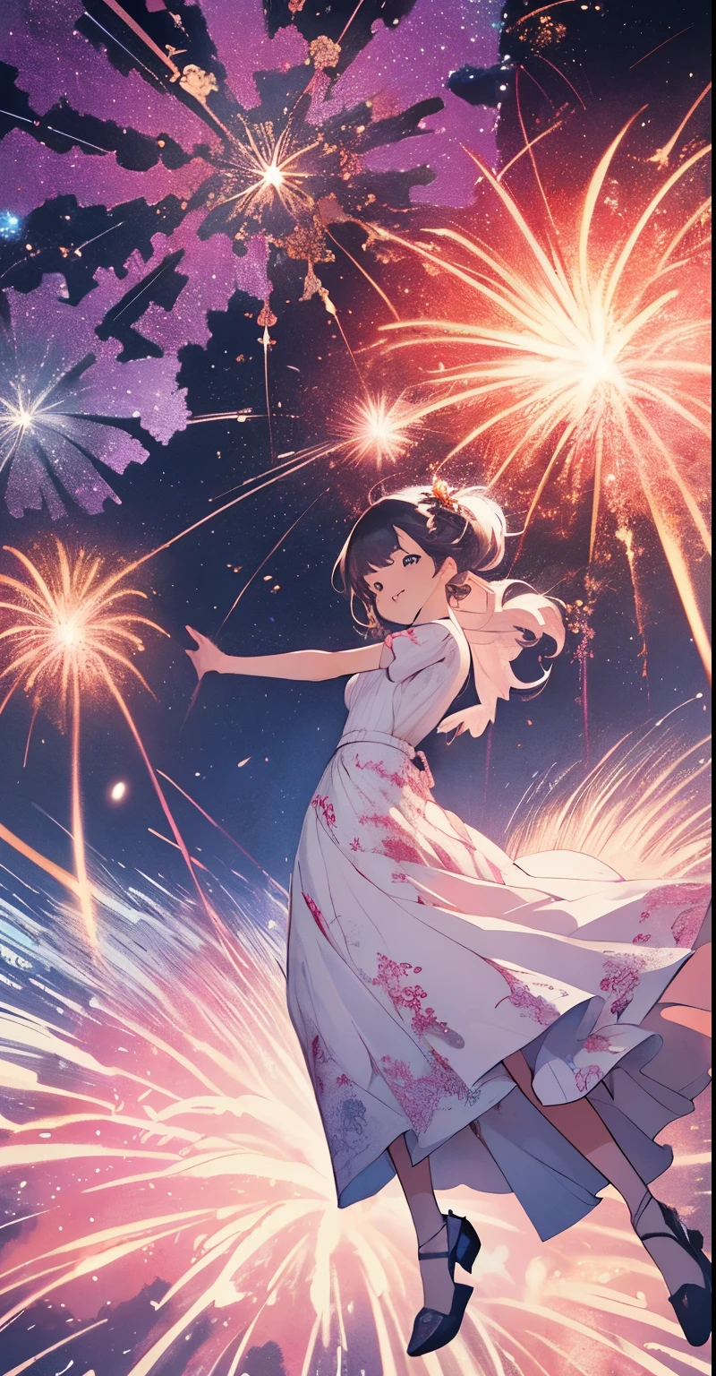 ((Fireworks display seen from space))，(Lots of 10-shakudama fireworks fill the sky:1.53)，Fireworks display beyond imagination，An innocent smile，Girl in the sky，never seen，Seven Colors,(One Girl)，(Cute Smile)，(The clothes are intricate dresses with a white base:1.4)， (Best Impact:1.5)， (Maximalism:1.7),，Vivid contrast， (Realistic),，超Realisticなイラスト,，High resolution,，Ultra-detailed,，Absurd，(Fractal Art:1.3)，Random hairstyle，Random Hair Color Colorful，Full Body Shot，Photographing the sky from below，Accurate focus，Random pose，Cinema 4D，Drama