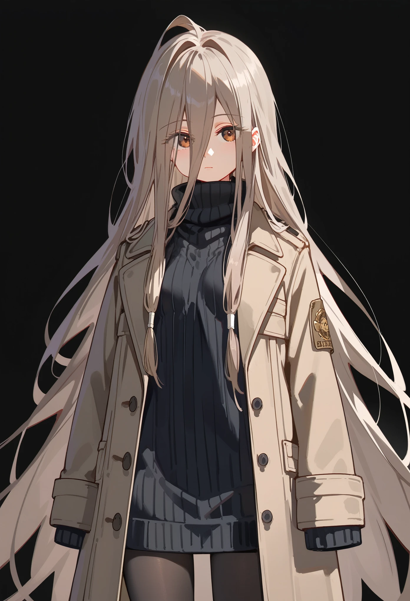 (score_9, score_8_up, score_7_up), 1girl, solo, sense \(sousou no frieren\), brown eyes, very long hair, absurdly long hair, hair between eyes, eyes visible through hair, small breasts, black sweater, turtleneck sweater, trench coat, coat on shoulders, pantyhose, hands between thighs, standing, tilted head, looking at viewer, black background, simple background,