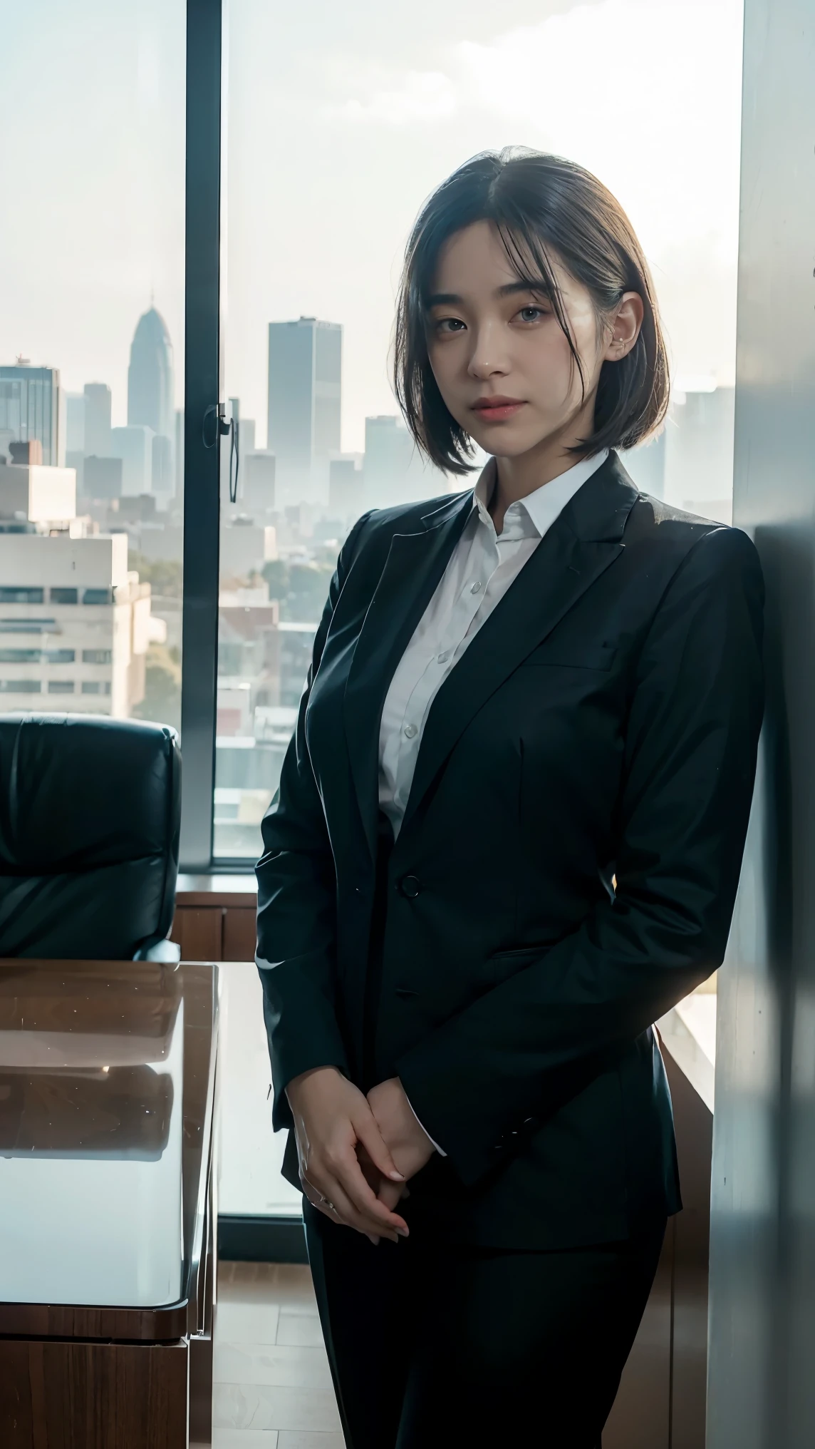 (highres,realistic) A middle-aged female in a suit, with a shrewd and cynical expression, standing confidently. She has (short, sleek) gray hair and (sharp, piercing) blue eyes. Her suit is (tailored, elegant) and exudes a sense of power and authority. Surrounding her, there are (modern, minimalistic) office furnishings and (floor-to-ceiling) windows overlooking a bustling cityscape. The (soft, warm) evening light casts a beautiful glow on her face, emphasizing her features. The atmosphere is (sophisticated, professional) with a touch of (mystery, intrigue).