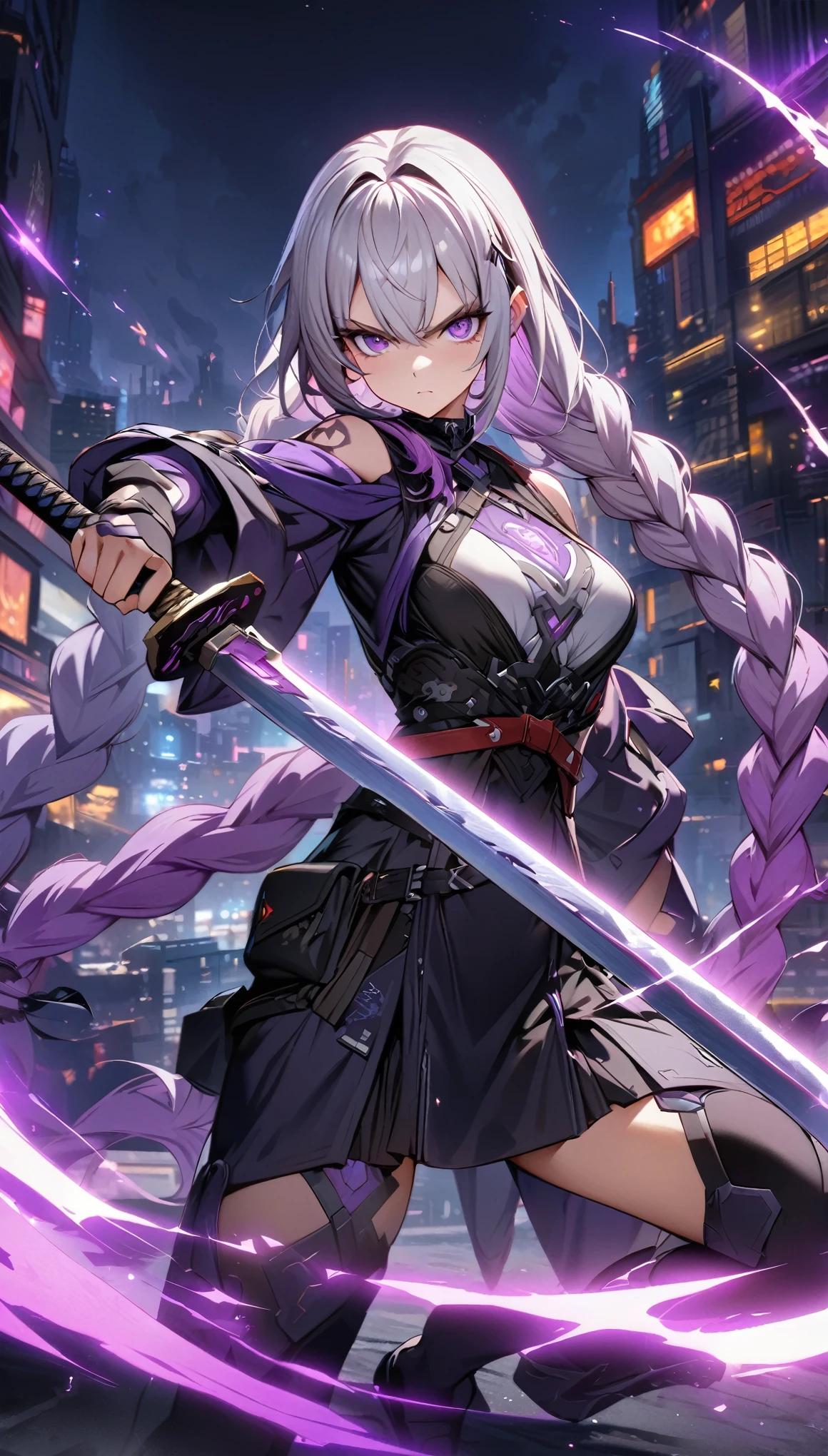 Night view, yinji , 1 Girl, purple hair,purple eyes,very long hair,grey hair,double braid,gradient hair, Full body portrait of a man posing fiercely against a neon-lit city background, Holding a samurai sword glowing in the dark. Have a tattoo, Super detailed, ready to fight, Serious expression, Super detailed的武士刀 ,masterpiece, best quality, (Highly detailed CG Unity 8k wallpaper) (best quality), (Best Illustration),
